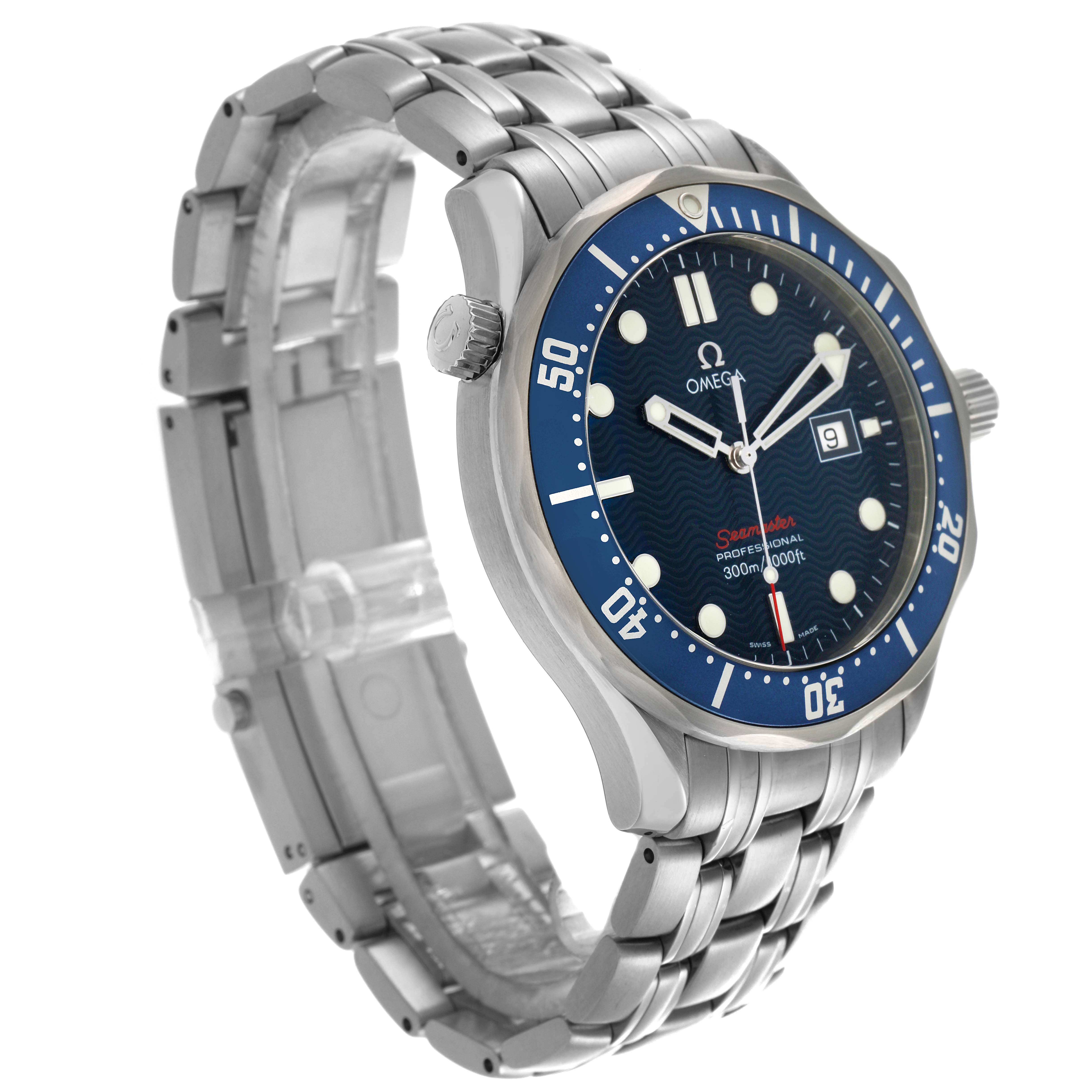 The Omega Seamaster 2221.80.00 Men's Stainless Steel Blue Dial watch is shown at a three-quarter angle, highlighting the face, bezel, and part of the bracelet.