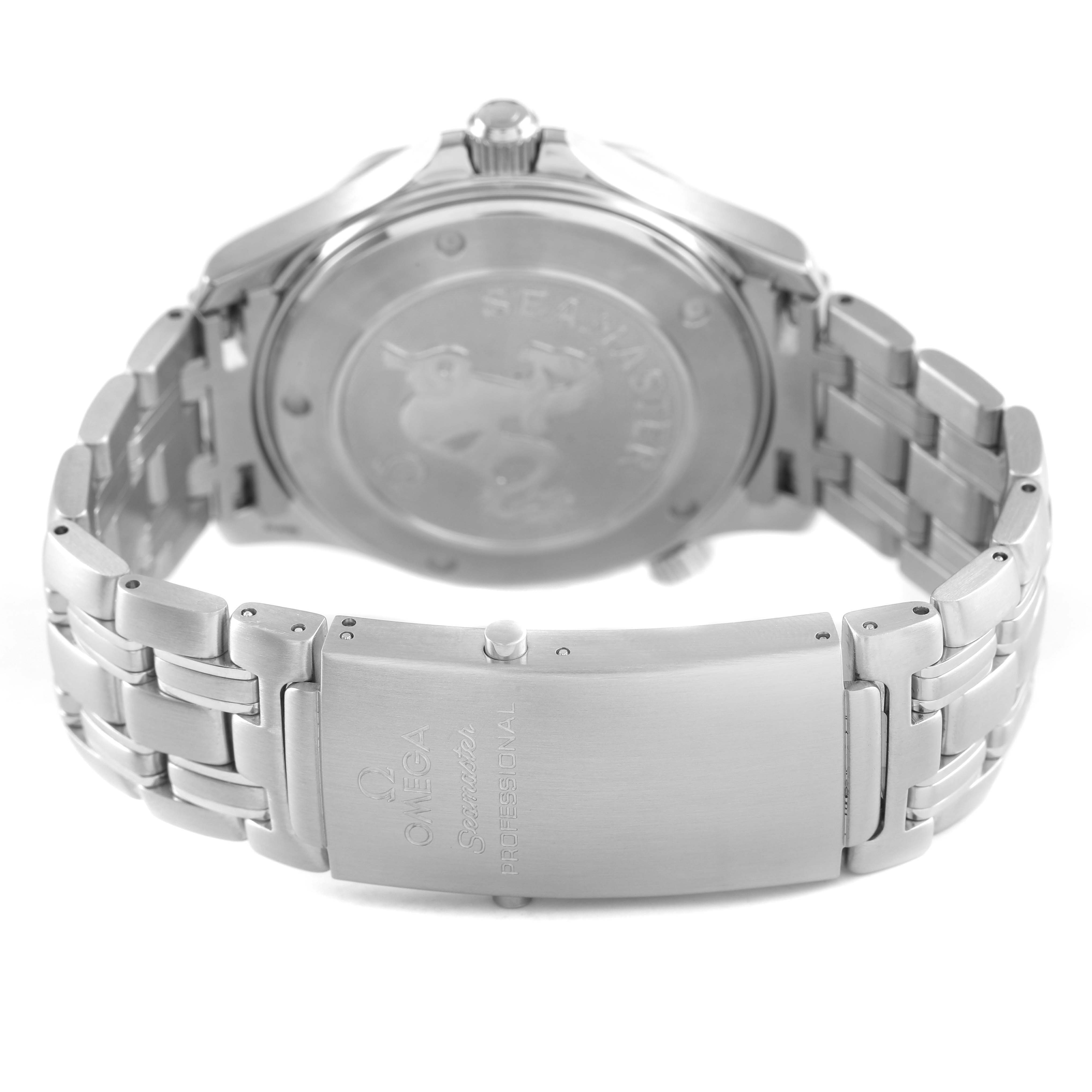 The image shows the back and clasp of an Omega Seamaster 2221.80.00 Men's Stainless Steel Blue Dial watch, highlighting the bracelet and engraved details.