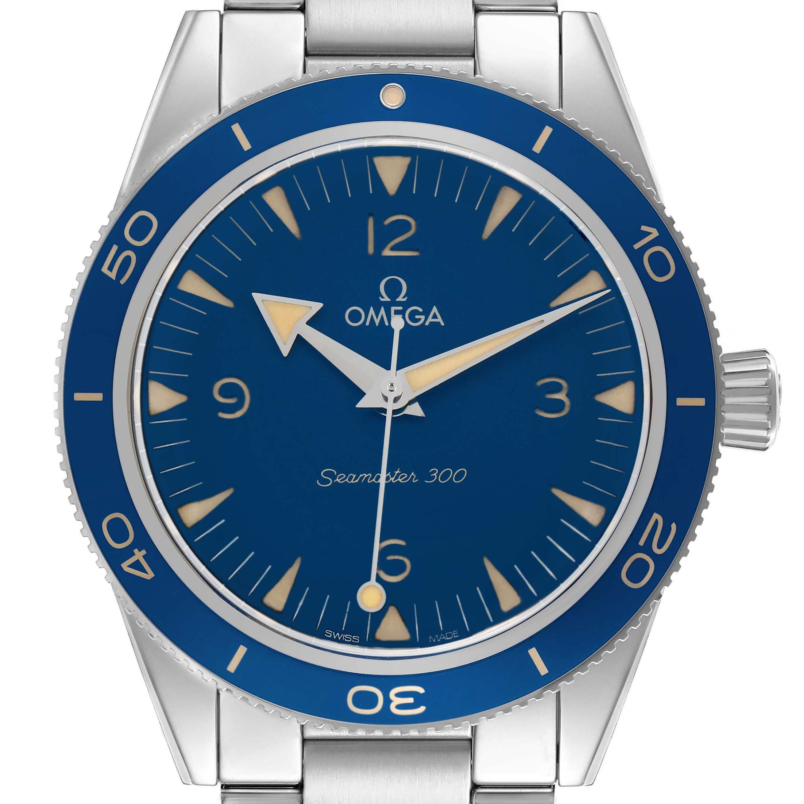 The Omega Seamaster 234.30.41.21.03.001 Men's Stainless Steel Blue Dial watch is shown from a front angle, displaying its blue face, bezel, and stainless steel bracelet.