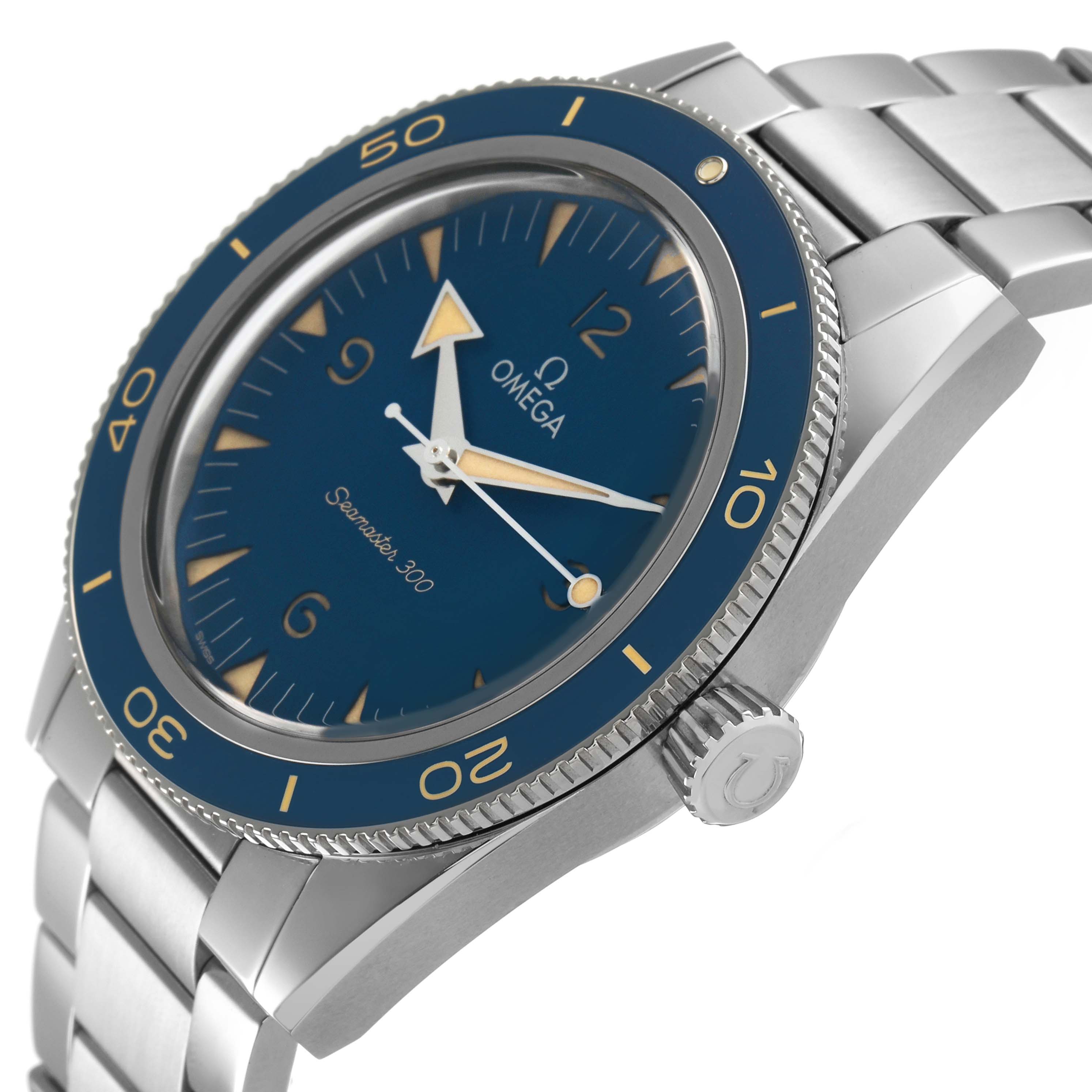 The Omega Seamaster 234.30.41.21.03.001 Men's Stainless Steel Blue Dial watch is shown at an angled side view, featuring its blue dial, bezel, and metal bracelet.