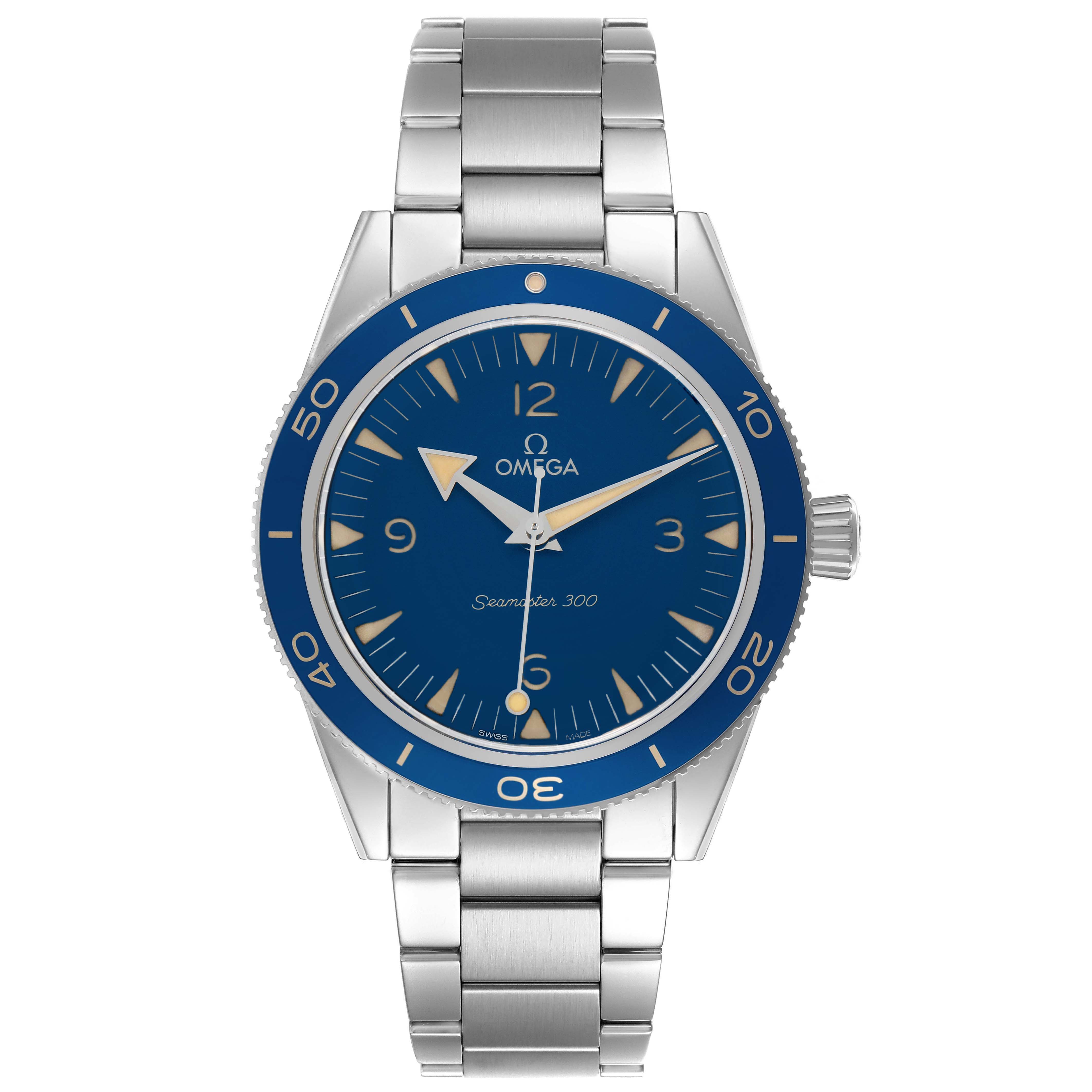 The Omega Seamaster 234.30.41.21.03.001 Men's Stainless Steel Blue Dial watch is shown from a front angle, displaying the face, bezel, bracelet, and crown.