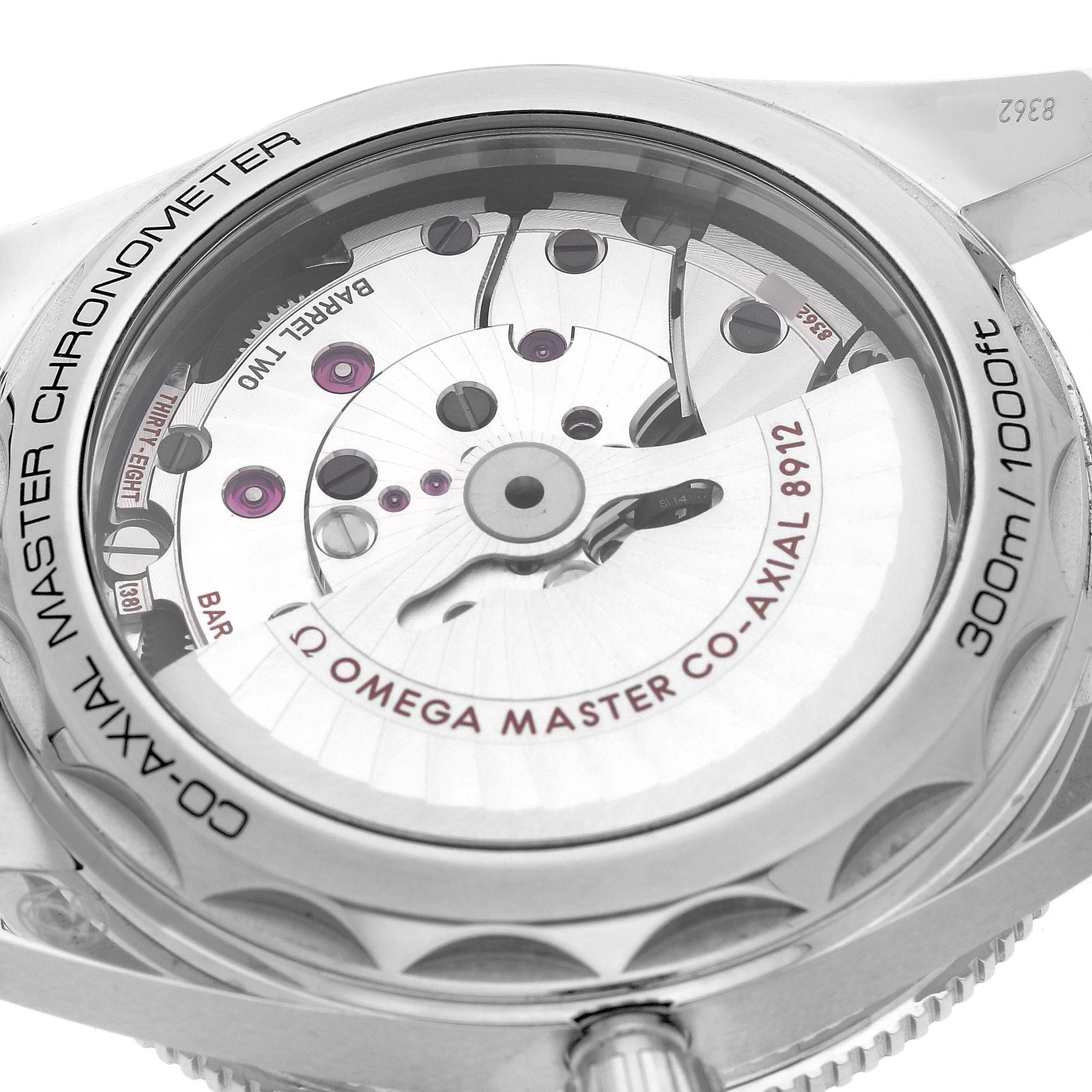 The image shows the back view of an Omega Seamaster 234.30.41.21.03.001 Men's Stainless Steel Blue Dial, highlighting its Co-Axial Master Chronometer movement.