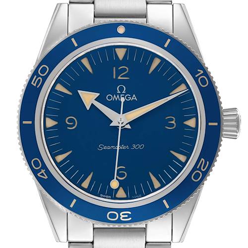 The Omega Seamaster 234.30.41.21.03.001 Men's Stainless Steel Blue Dial watch is shown from the front, highlighting the dial, bezel, and part of the stainless steel bracelet.
