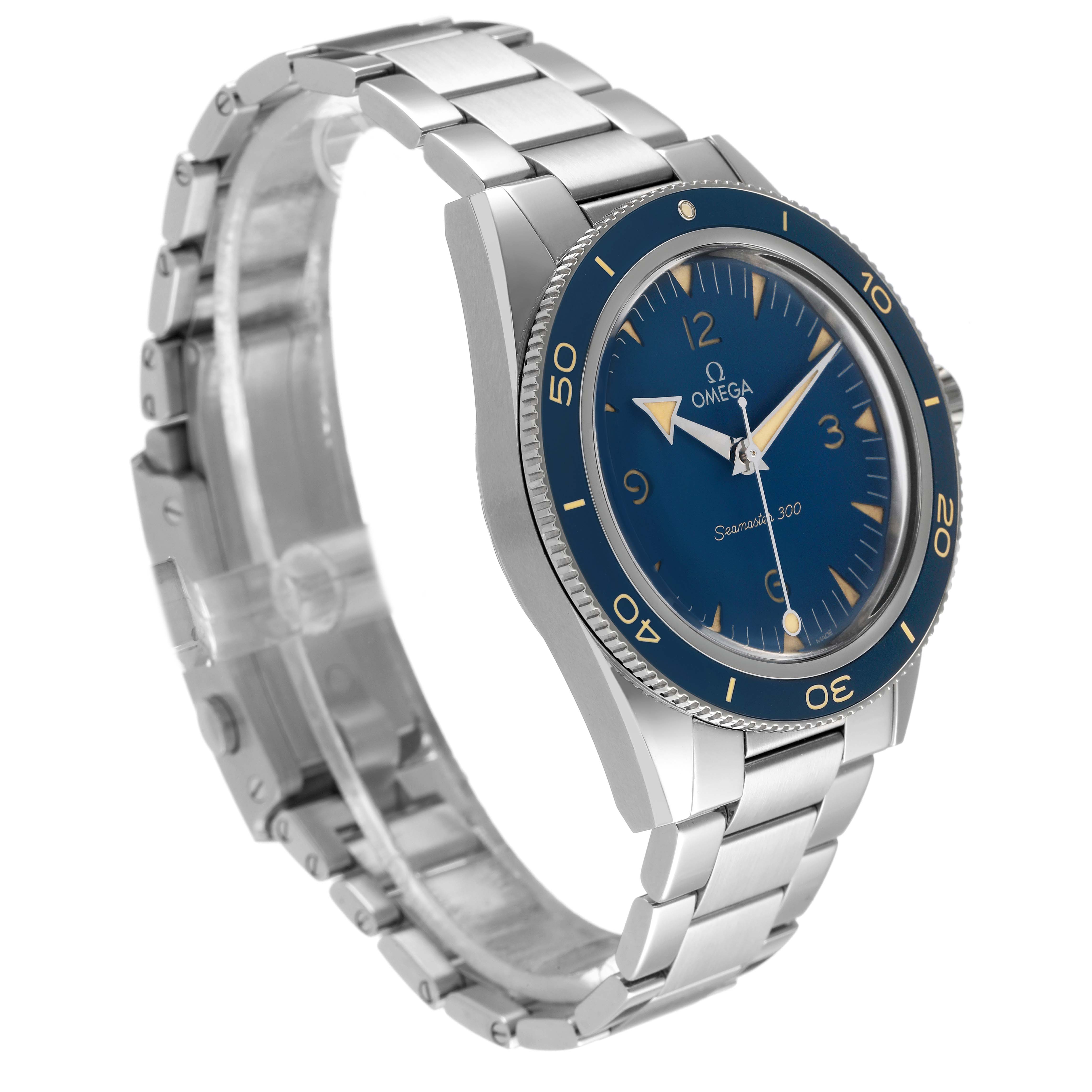 The Omega Seamaster 234.30.41.21.03.001 Men's Stainless Steel Blue Dial is shown at an angle displaying the face, bezel, bracelet, and part of the clasp.