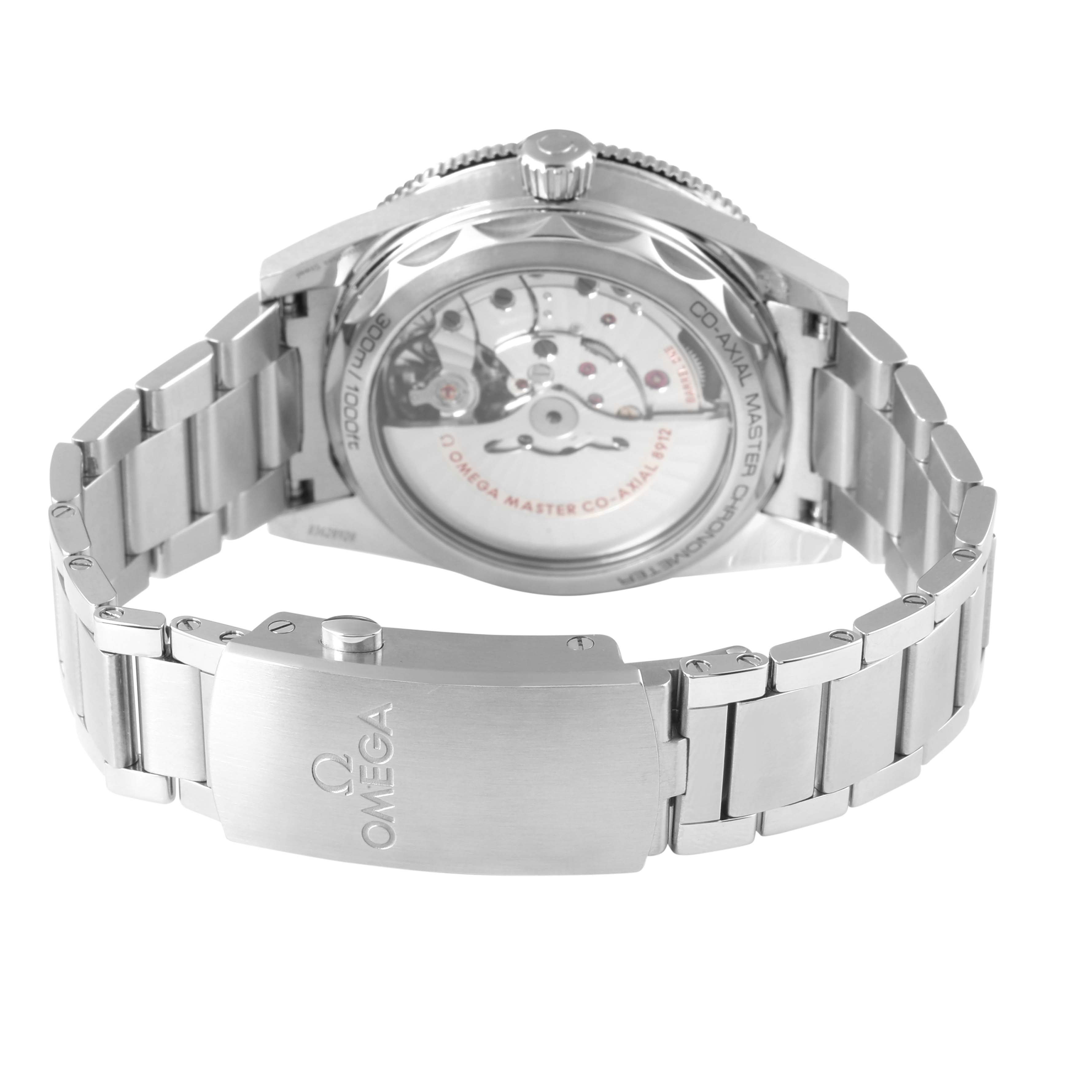 The image shows the back and bracelet clasp of an Omega Seamaster 234.30.41.21.03.001 Men's Stainless Steel Blue Dial, highlighting the movement and Omega branding.