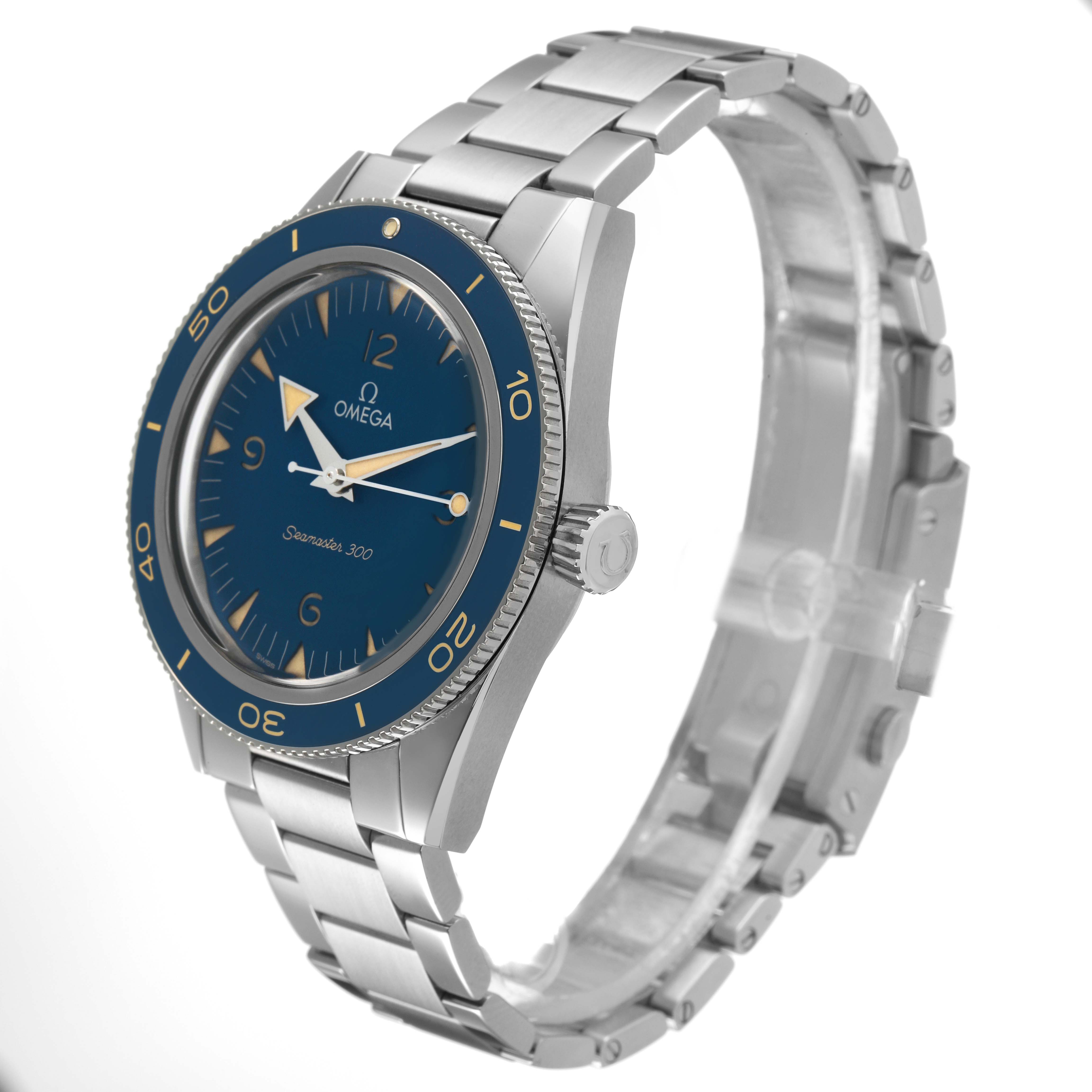 The Omega Seamaster 234.30.41.21.03.001 Men's Stainless Steel Blue Dial watch is shown at a three-quarter angle, displaying the face, bezel, and metal bracelet.
