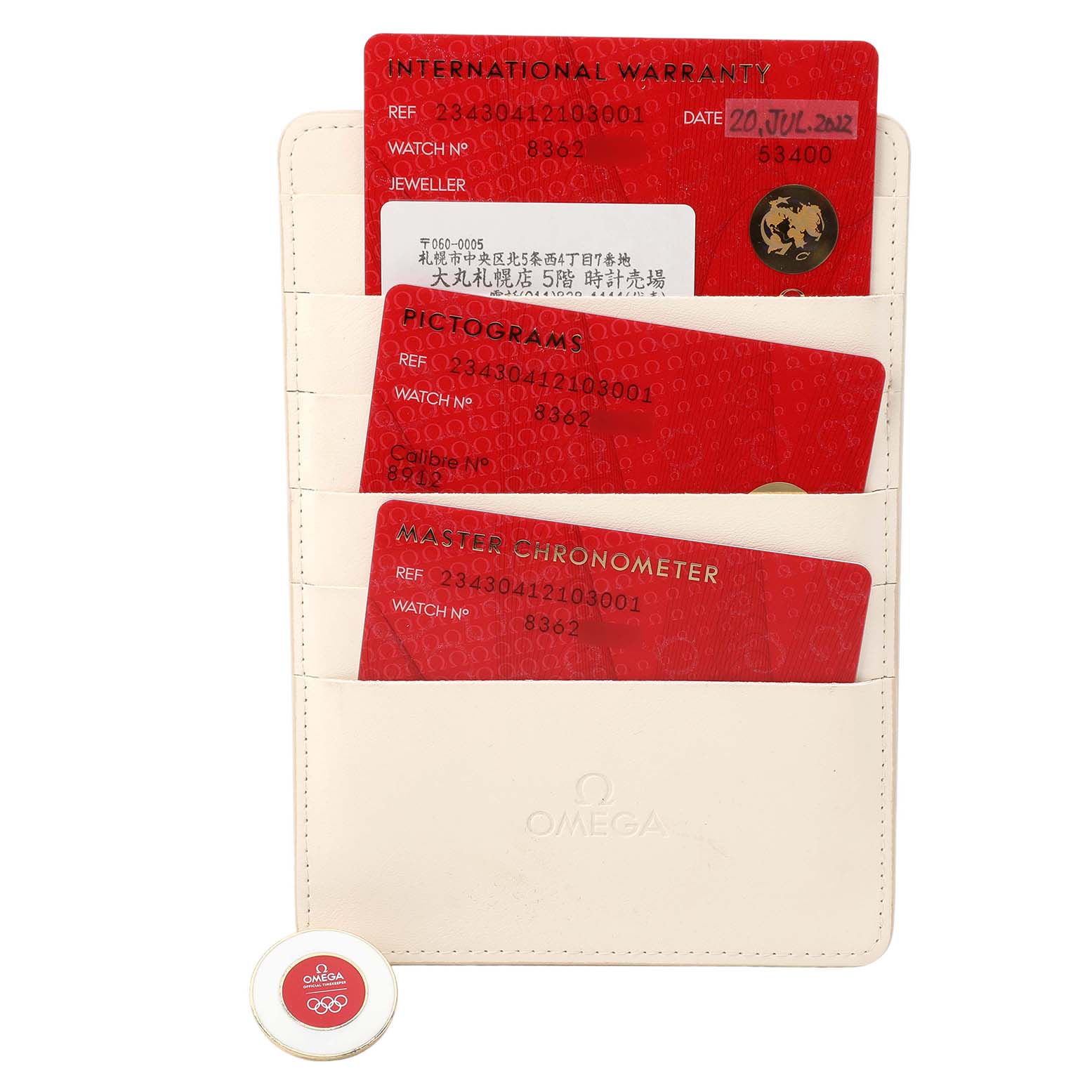 The image shows Omega Seamaster 234.30.41.21.03.001 Men's Stainless Steel Blue Dial accessories, including red cards for warranty and certification in a branded holder.