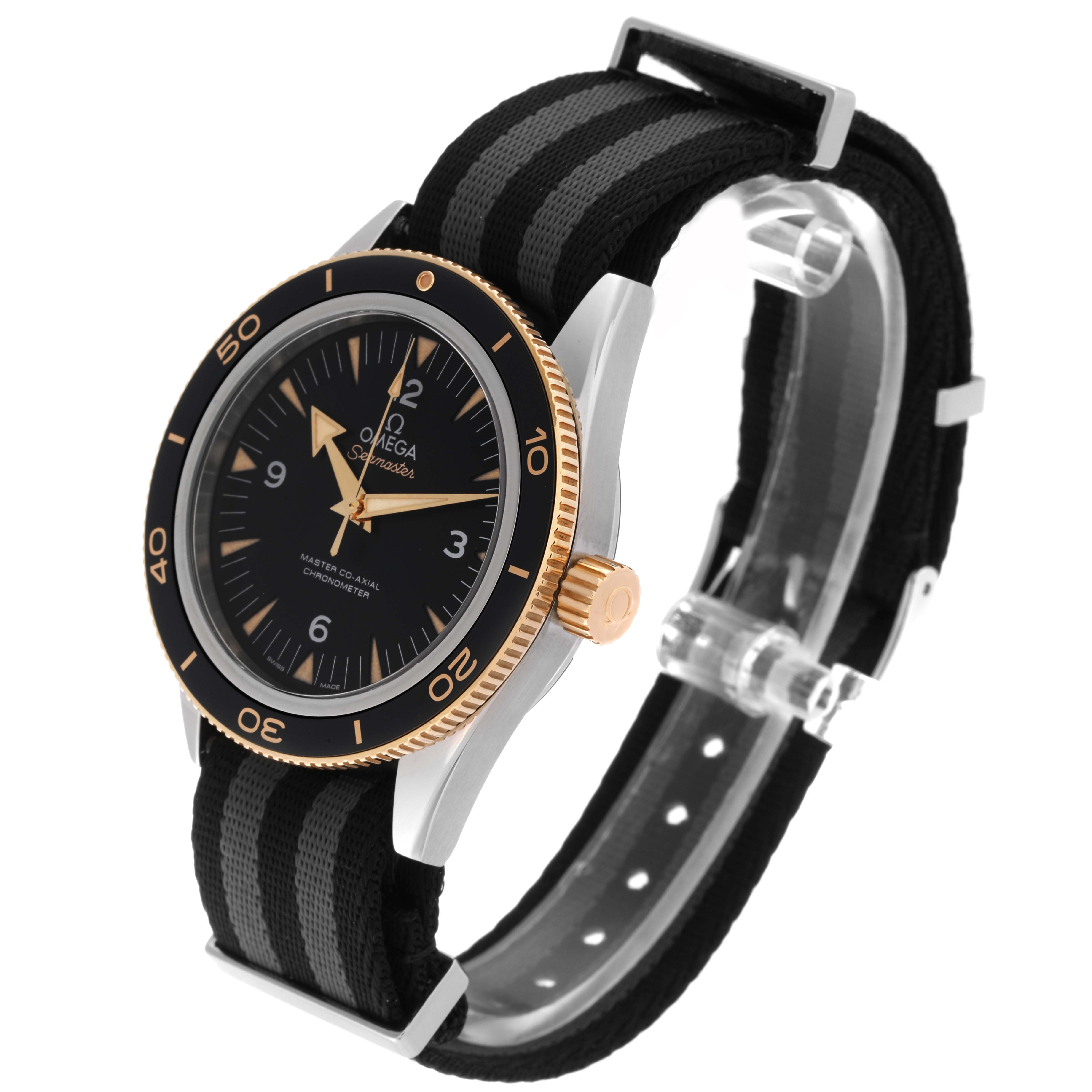 The Omega Seamaster 233.22.41.21.01.001 Men's Steel and Gold (two tone) Black Dial 233.22.41.21.01.001 Men's Steel and Gold (two tone) Black Dial watch is shown at an angle highlighting the face, bezel, crown, and fabric strap.
