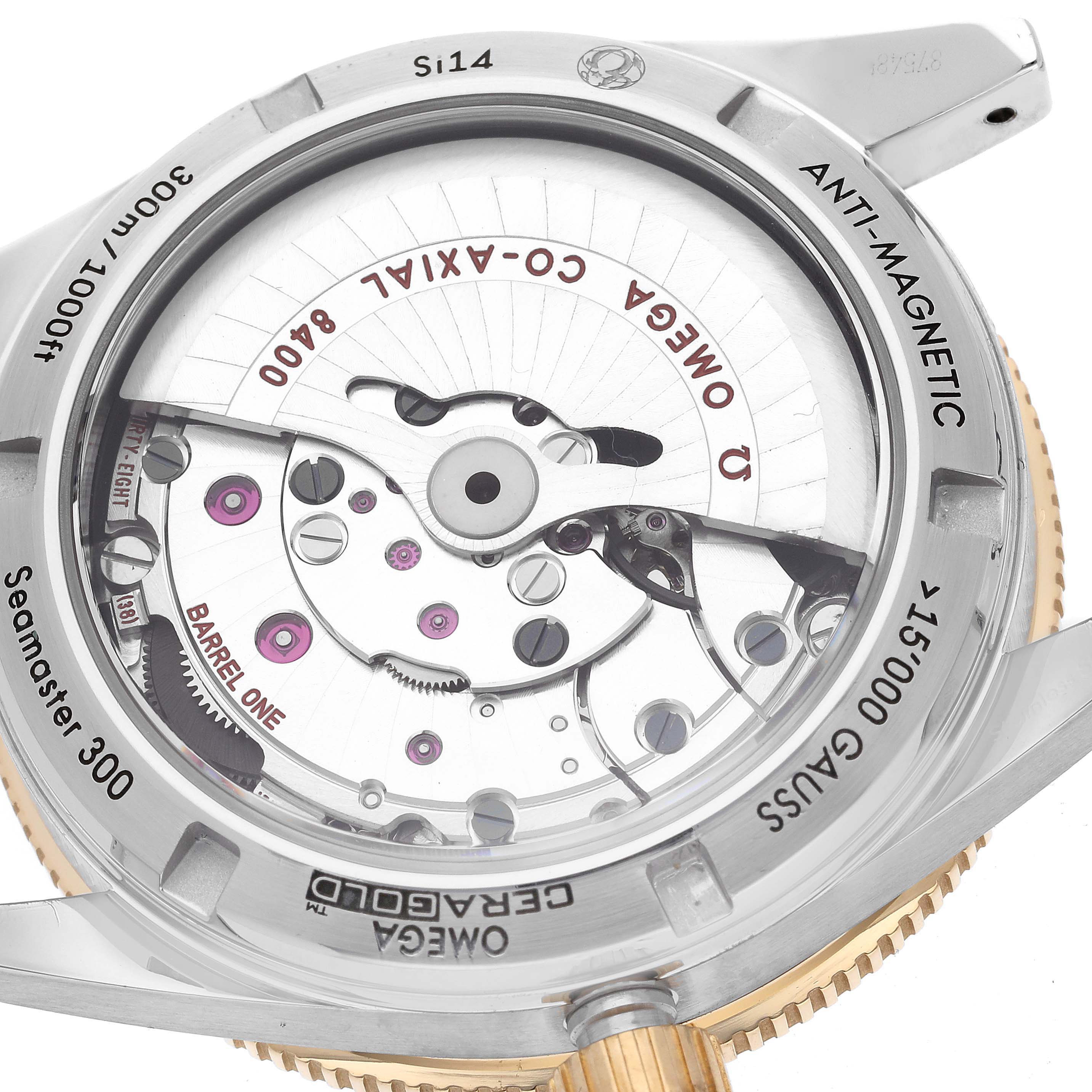 This image shows the back view of the Omega Seamaster 233.22.41.21.01.001 Men's Steel and Gold (two tone) Black Dial 233.22.41.21.01.001 Men's Steel and Gold (two tone) Black Dial 300, revealing the internal mechanical components.