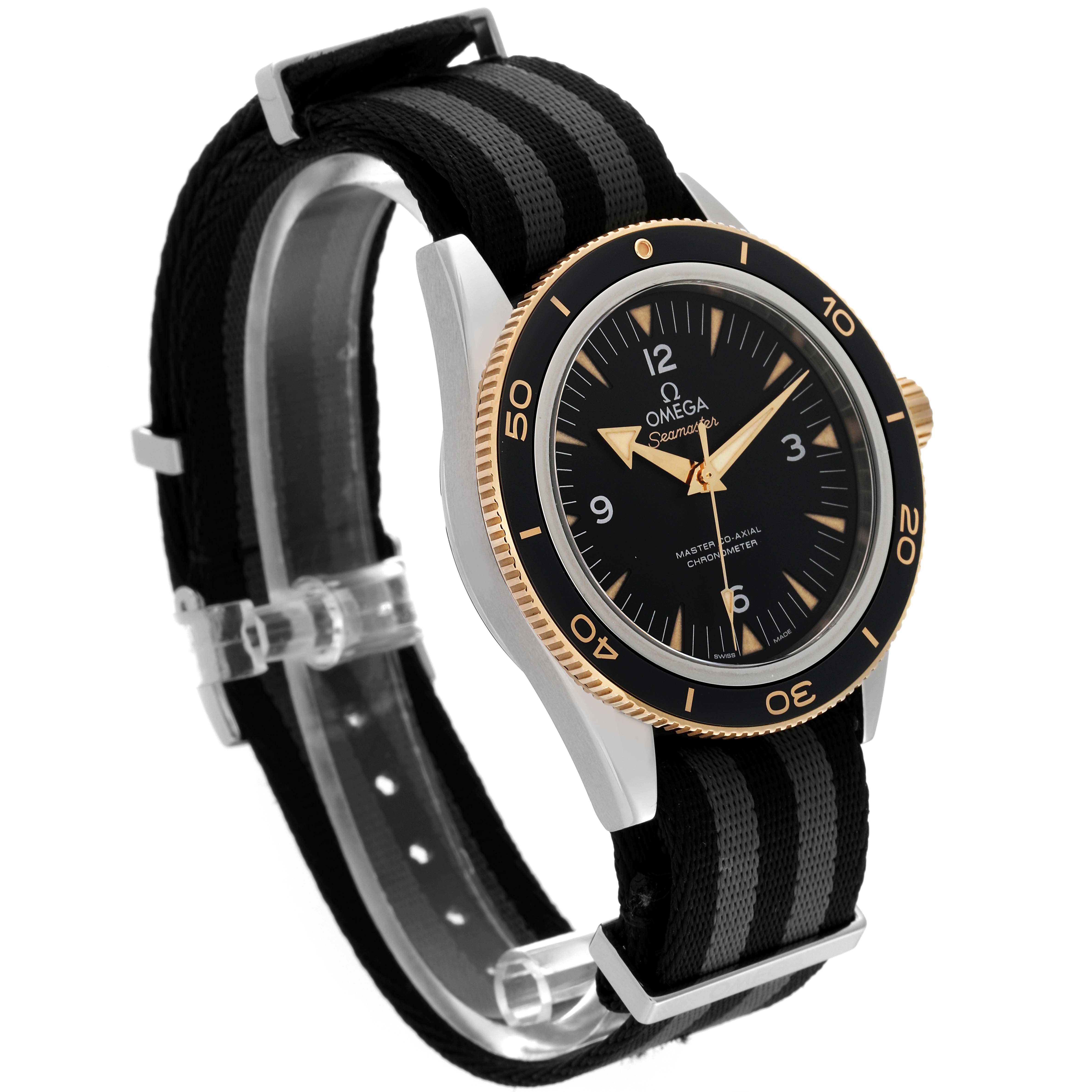 The Omega Seamaster 233.22.41.21.01.001 Men's Steel and Gold (two tone) Black Dial 233.22.41.21.01.001 Men's Steel and Gold (two tone) Black Dial watch is pictured at a slight angle, showing the face, bezel, case, and strap.