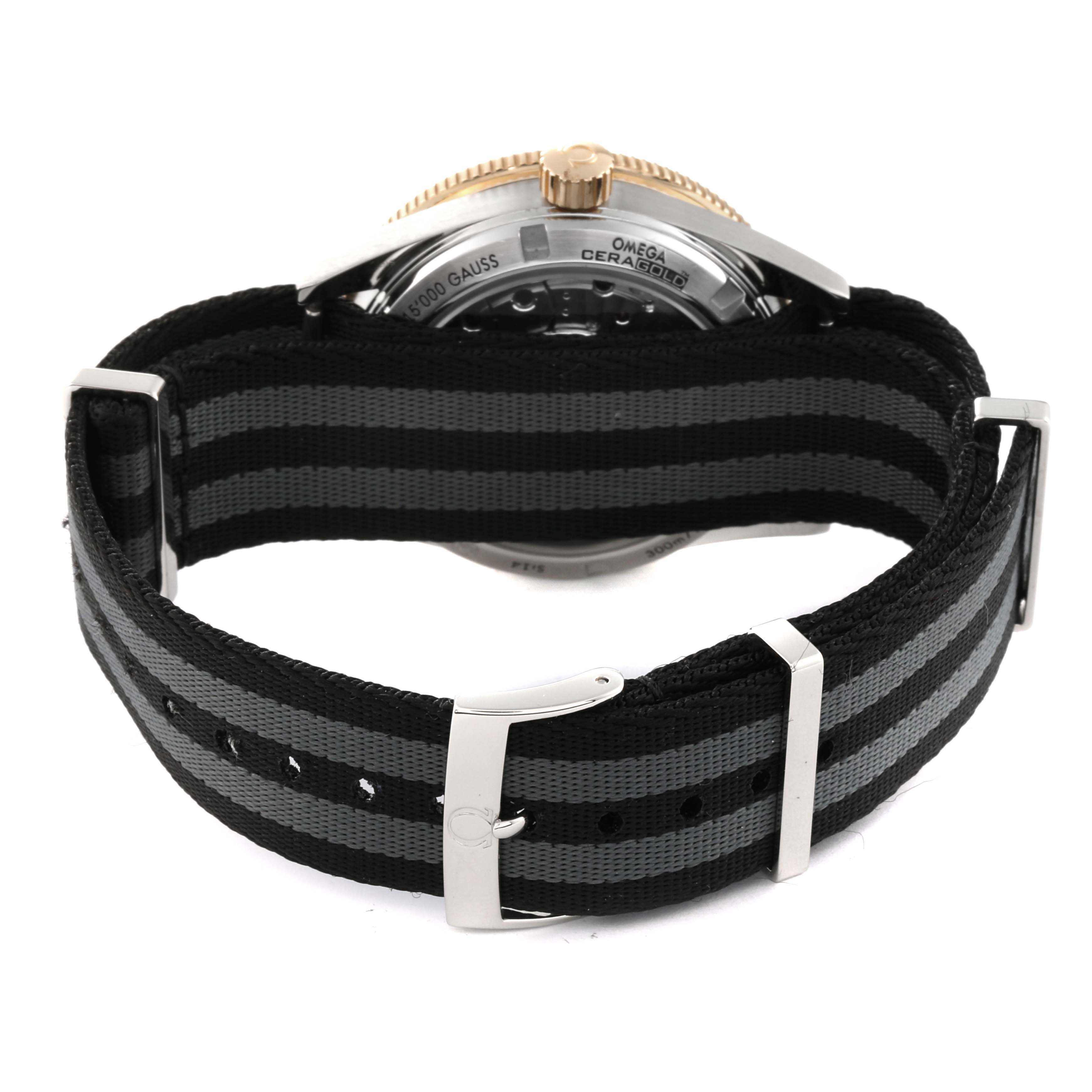 The image shows the rear angle of an Omega Seamaster 233.22.41.21.01.001 Men's Steel and Gold (two tone) Black Dial 233.22.41.21.01.001 Men's Steel and Gold (two tone) Black Dial watch with a striped black and gray NATO strap.