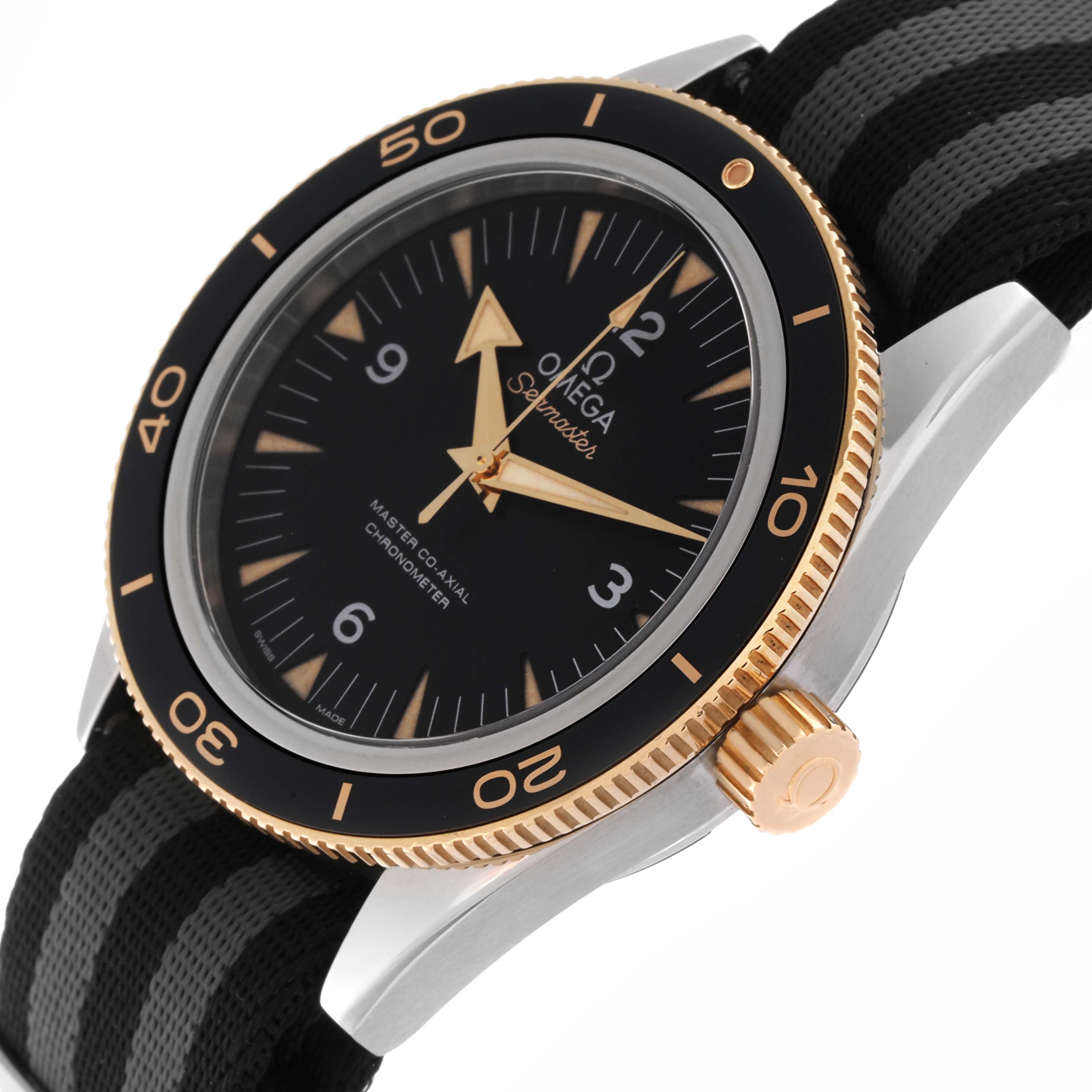 The image shows a side and partial top view of an Omega Seamaster 233.22.41.21.01.001 Men's Steel and Gold (two tone) Black Dial 233.22.41.21.01.001 Men's Steel and Gold (two tone) Black Dial watch, highlighting its bezel, dial, and crown.