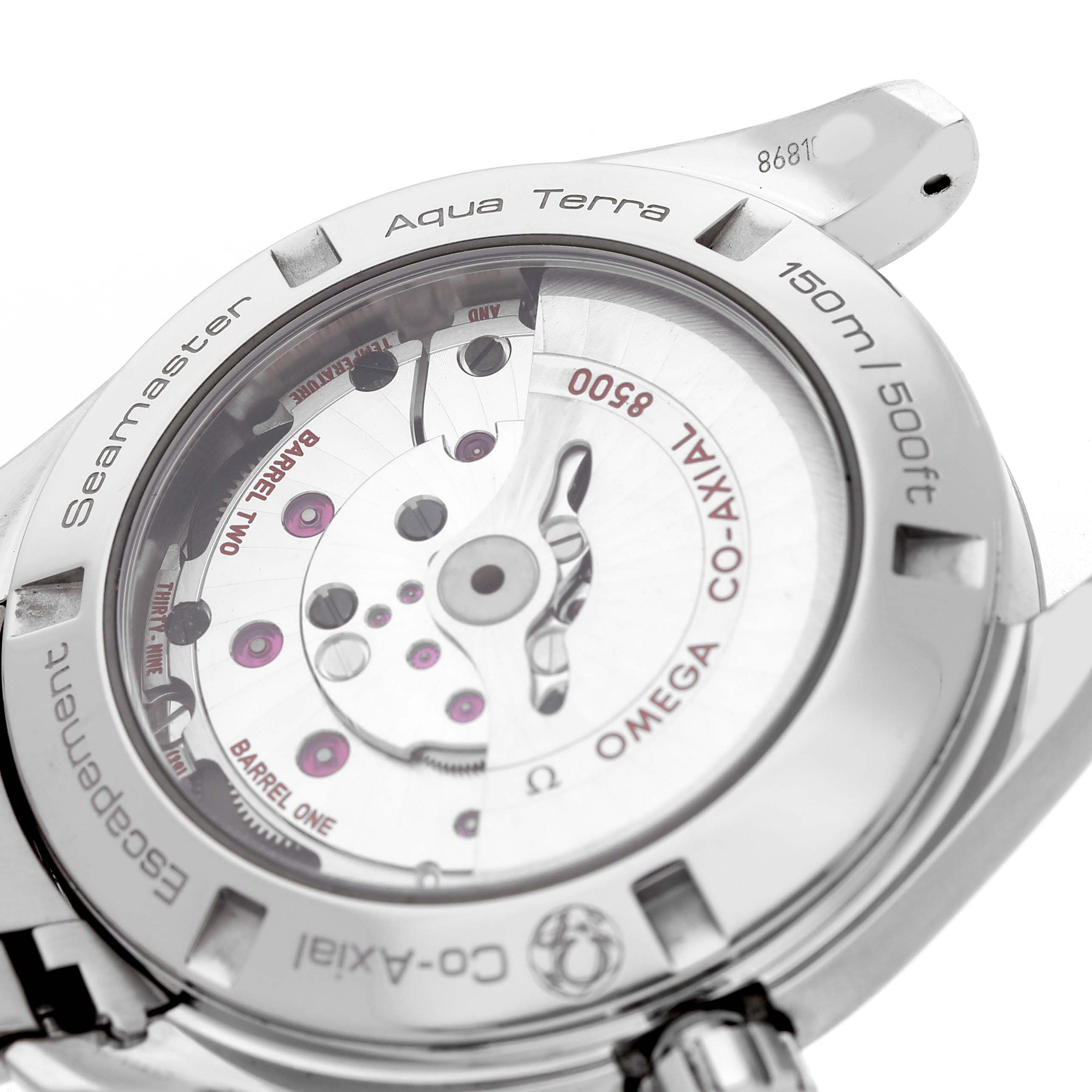 The image shows the back of an Omega Aqua Terra 231.10.42.21.02.001 Men's Stainless Steel Silver Dial watch, highlighting its mechanical movement and engraving details.