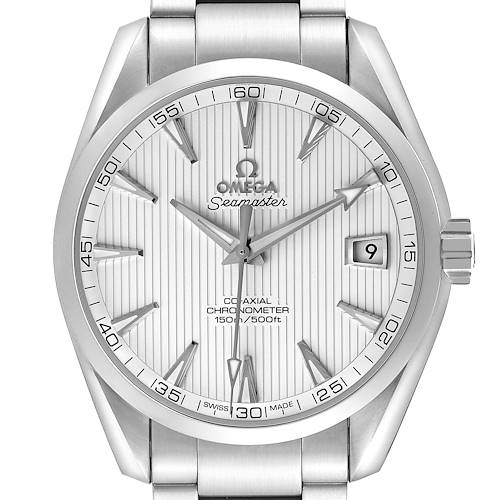The image shows a frontal view of an Omega Aqua Terra 231.10.42.21.02.001 Men's Stainless Steel Silver Dial watch, displaying the dial, hands, date window, and part of the bracelet.