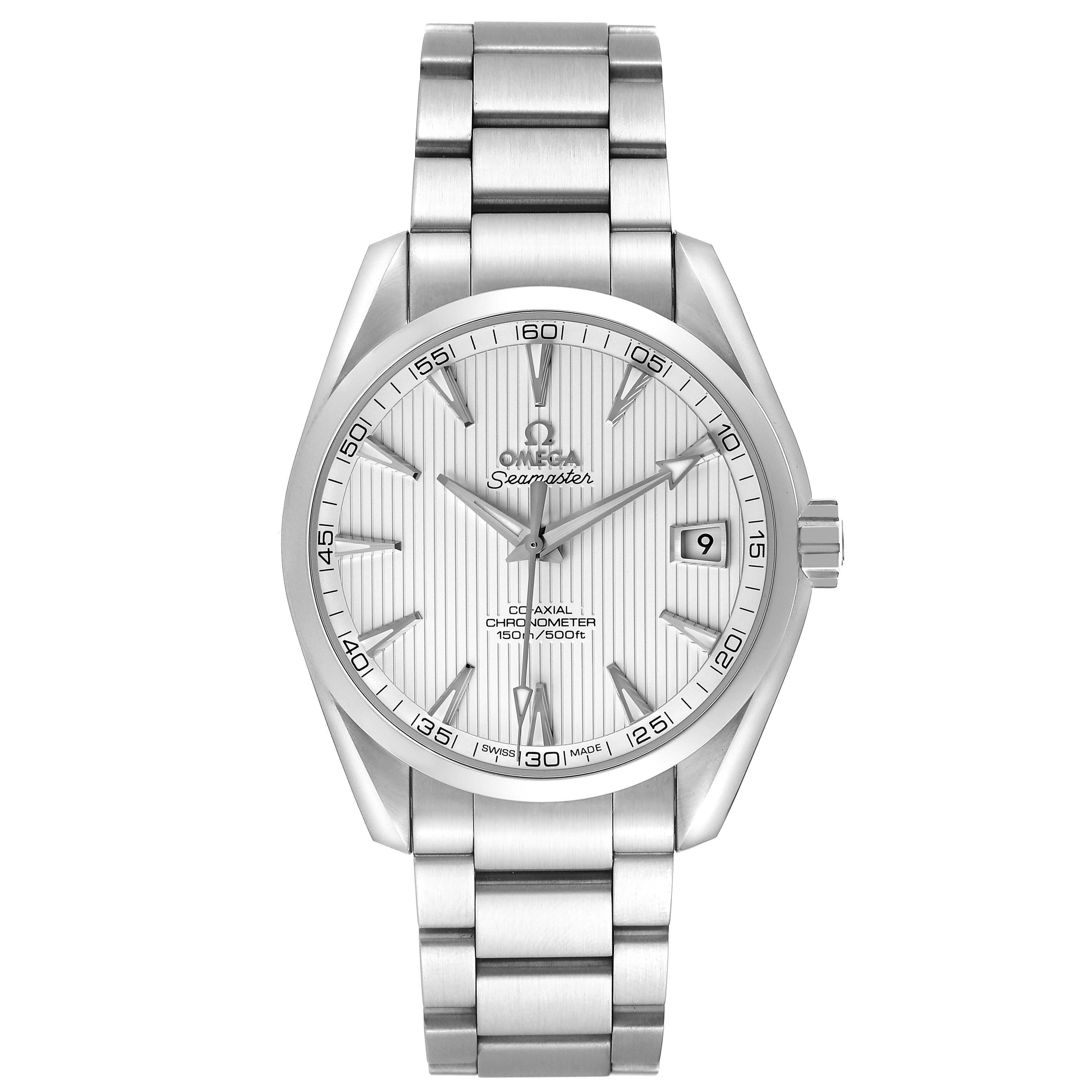 The Omega Aqua Terra 231.10.42.21.02.001 Men's Stainless Steel Silver Dial watch is shown from the front, displaying the dial, bezel, bracelet, and crown.