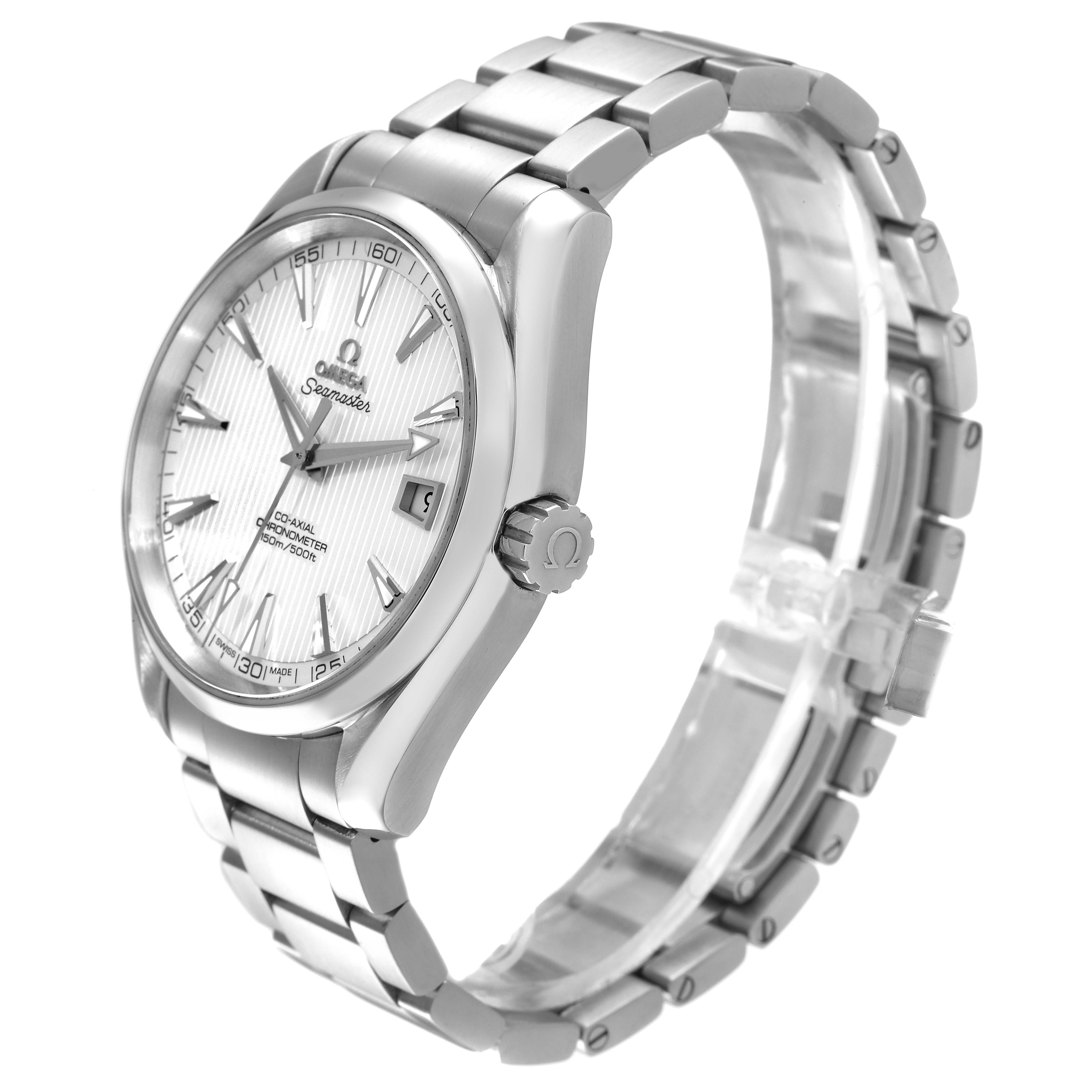 The Omega Aqua Terra 231.10.42.21.02.001 Men's Stainless Steel Silver Dial watch is shown at a three-quarter angle, highlighting the dial, bezel, crown, and metal bracelet.