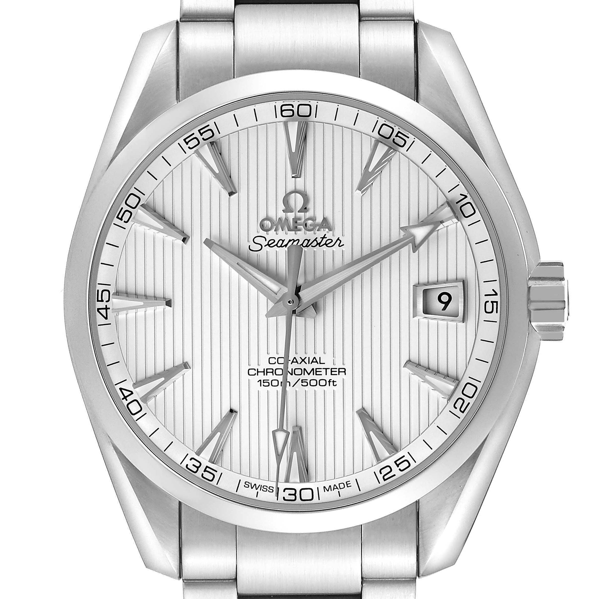 The image shows a front view of the Omega Aqua Terra 231.10.42.21.02.001 Men's Stainless Steel Silver Dial watch, displaying the face, hands, indices, date window, and part of the bracelet.