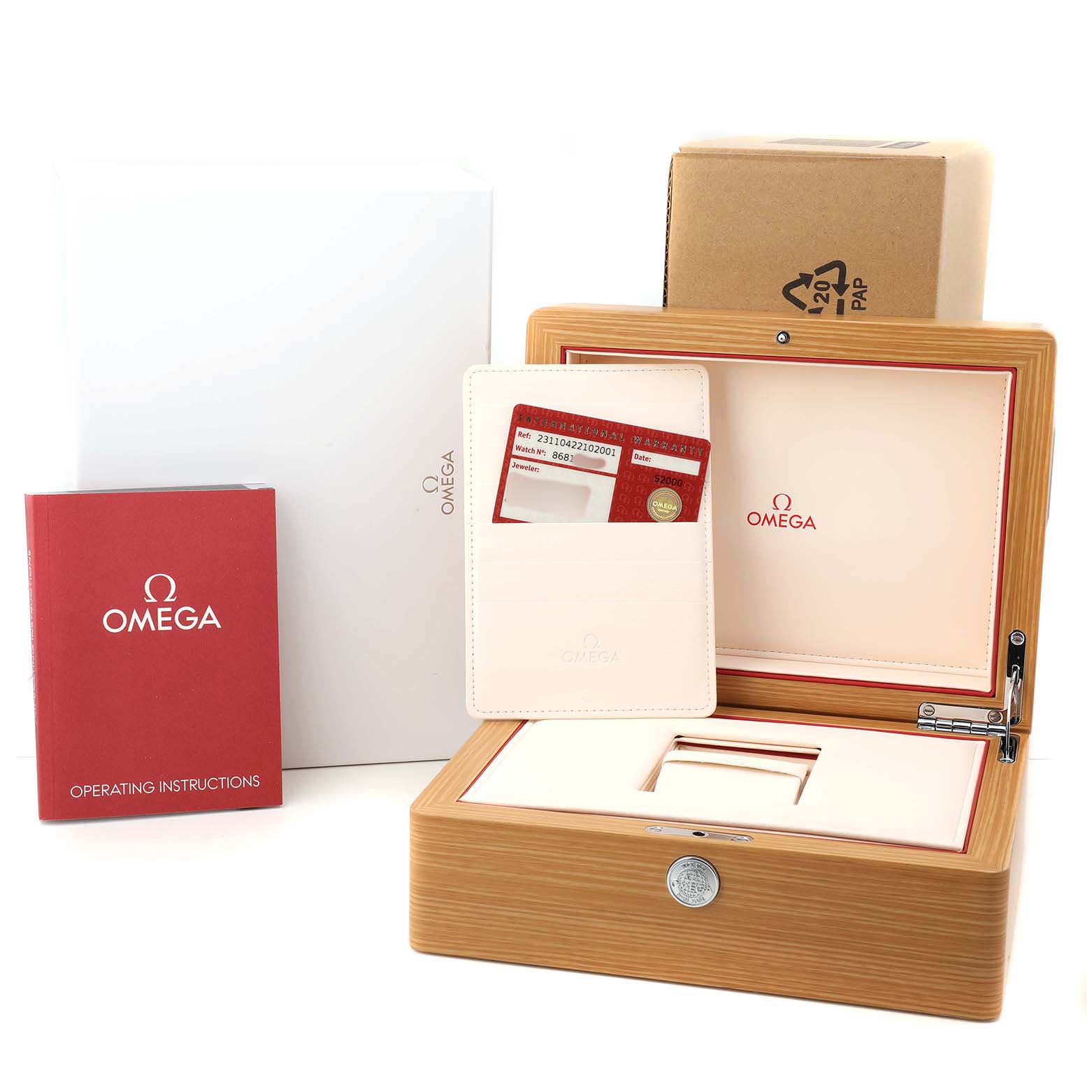 The image shows the Omega Aqua Terra 231.10.42.21.02.001 Men's Stainless Steel Silver Dial's packaging box, warranty cardholder, instruction manual, and outer boxes.