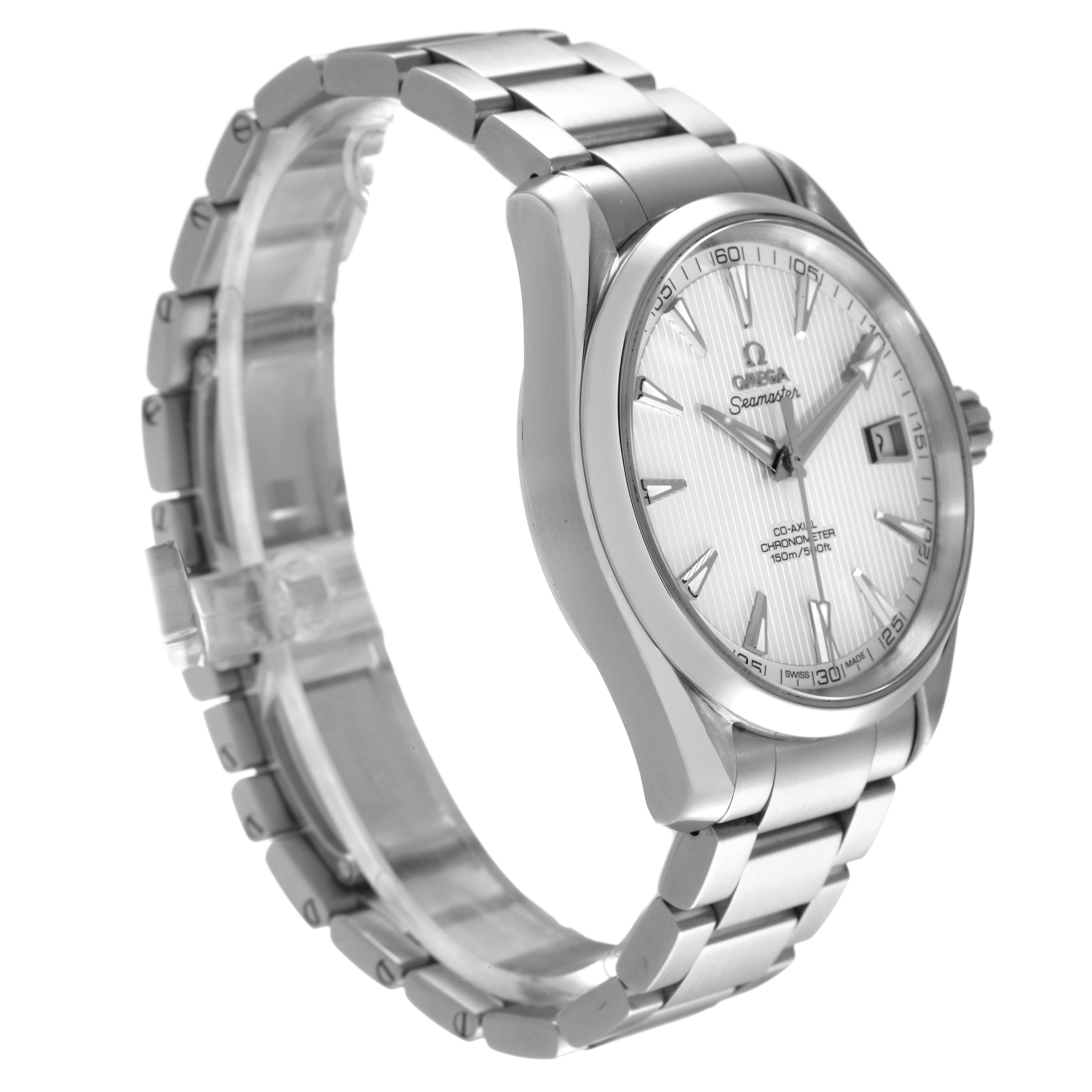 The Omega Aqua Terra 231.10.42.21.02.001 Men's Stainless Steel Silver Dial watch is shown at a three-quarter angle, highlighting the bracelet, bezel, and face with visible details.