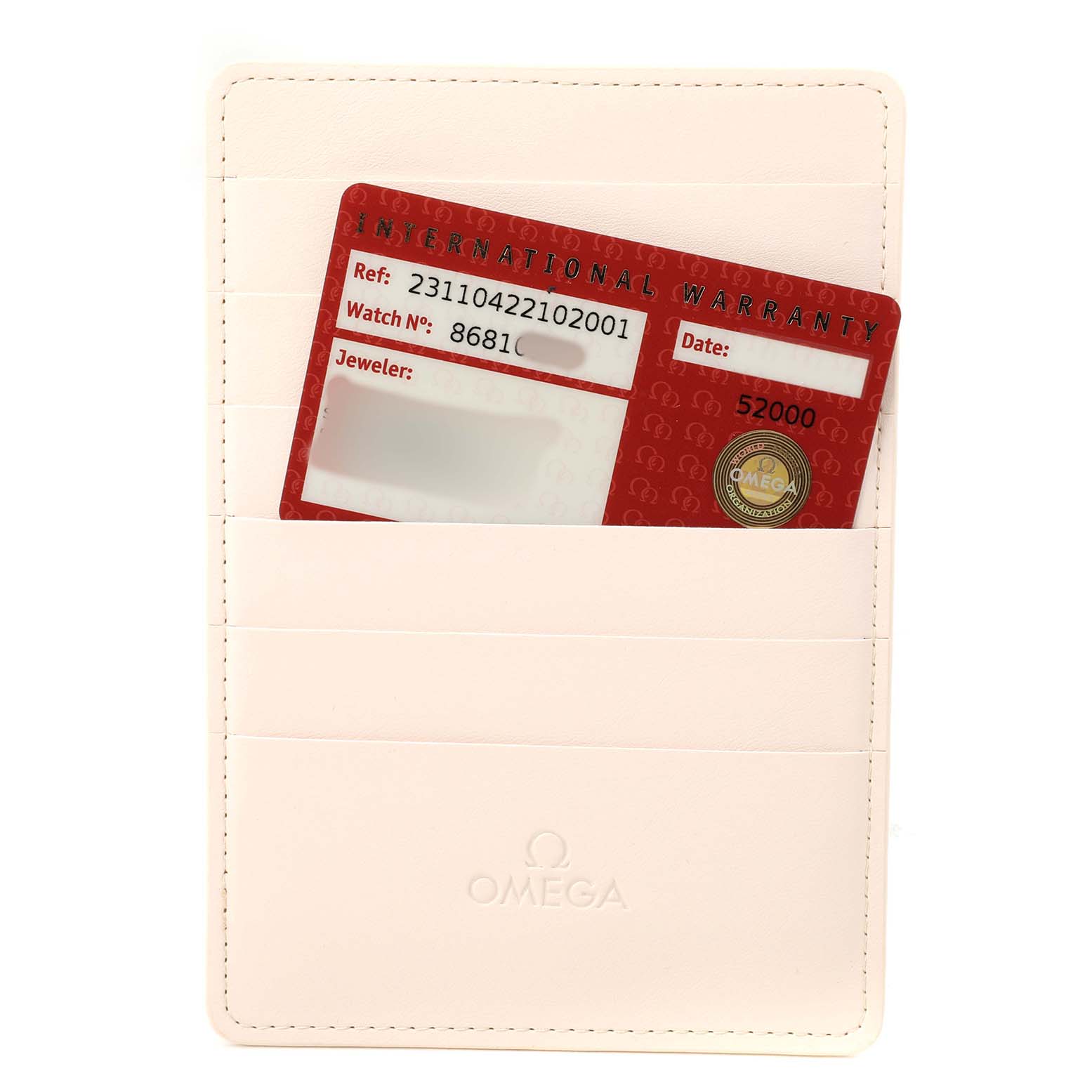 This image shows the Omega Aqua Terra 231.10.42.21.02.001 Men's Stainless Steel Silver Dial model's warranty card in a leather card holder, viewed from the front.