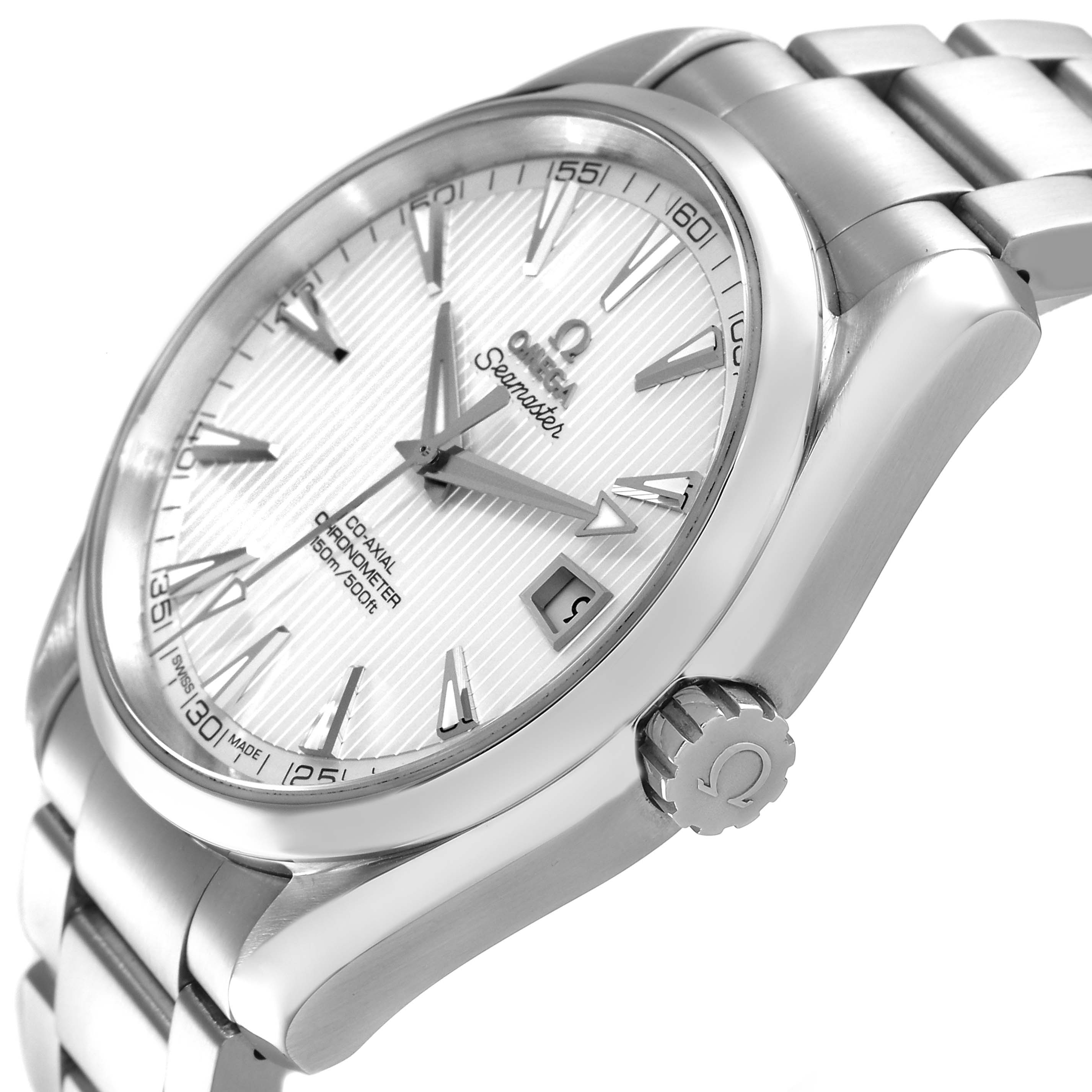 The image shows a side view of the Omega Aqua Terra 231.10.42.21.02.001 Men's Stainless Steel Silver Dial watch, highlighting the dial, crown, and bracelet links.