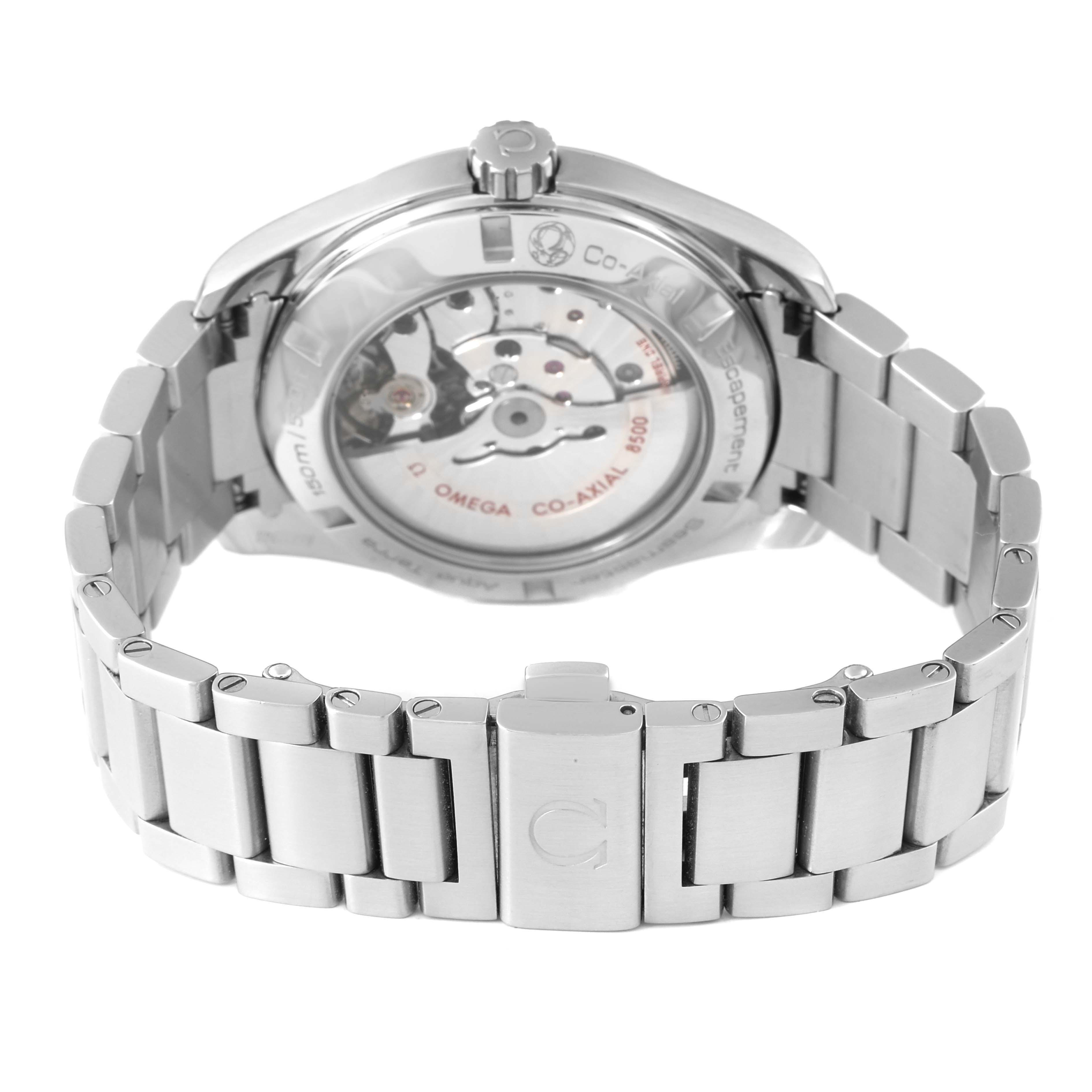 The Omega Aqua Terra 231.10.42.21.02.001 Men's Stainless Steel Silver Dial watch is shown from the back, highlighting the visible movement and stainless steel bracelet clasp.