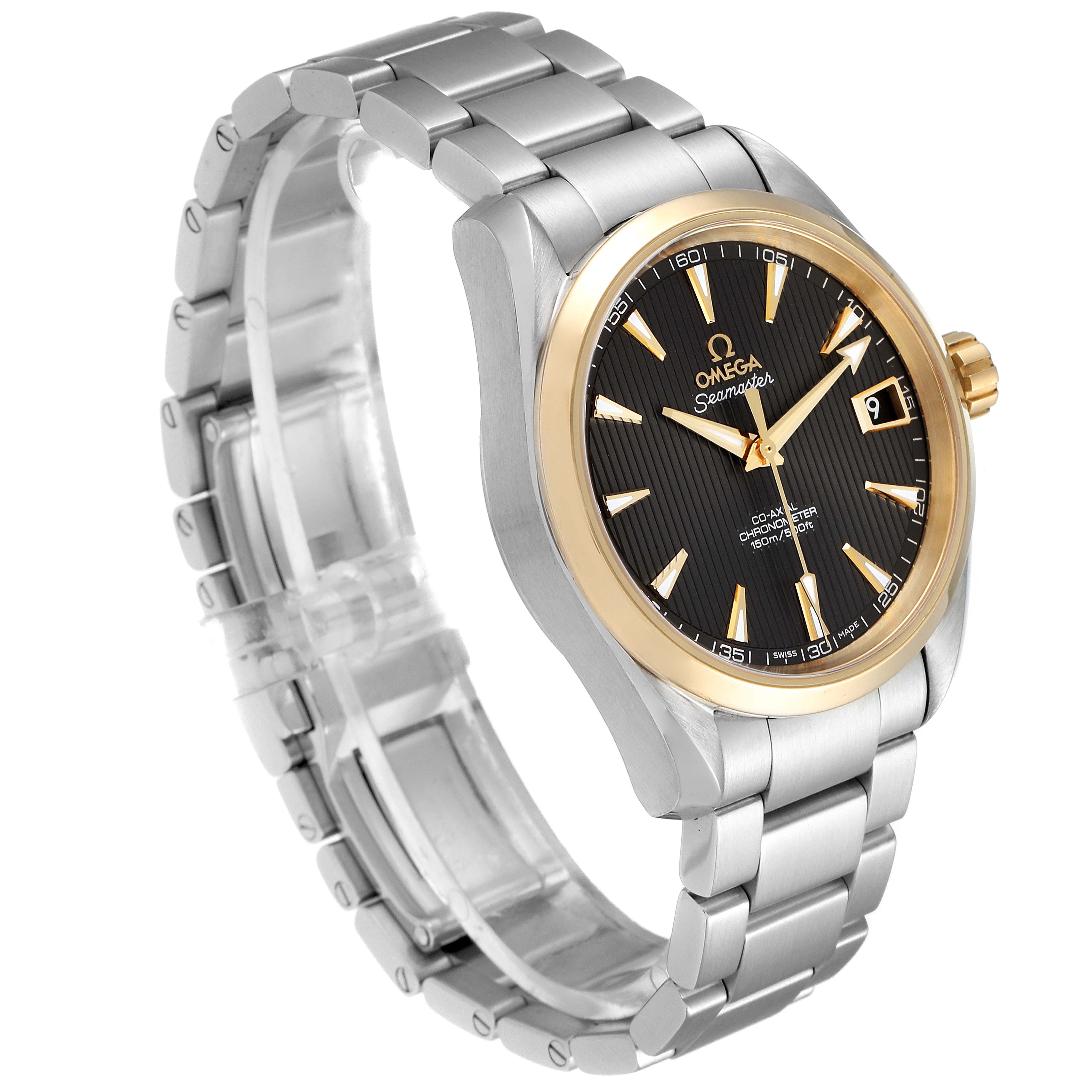This image shows an Omega Aqua Terra 231.20.39.21.06.004 Men
s Steel and Gold (two tone) Grey Dial 231.20.39.21.06.004 Men
s Steel and Gold (two tone) Grey Dial watch from an angled side view, highlighting the dial, bracelet, and crown.