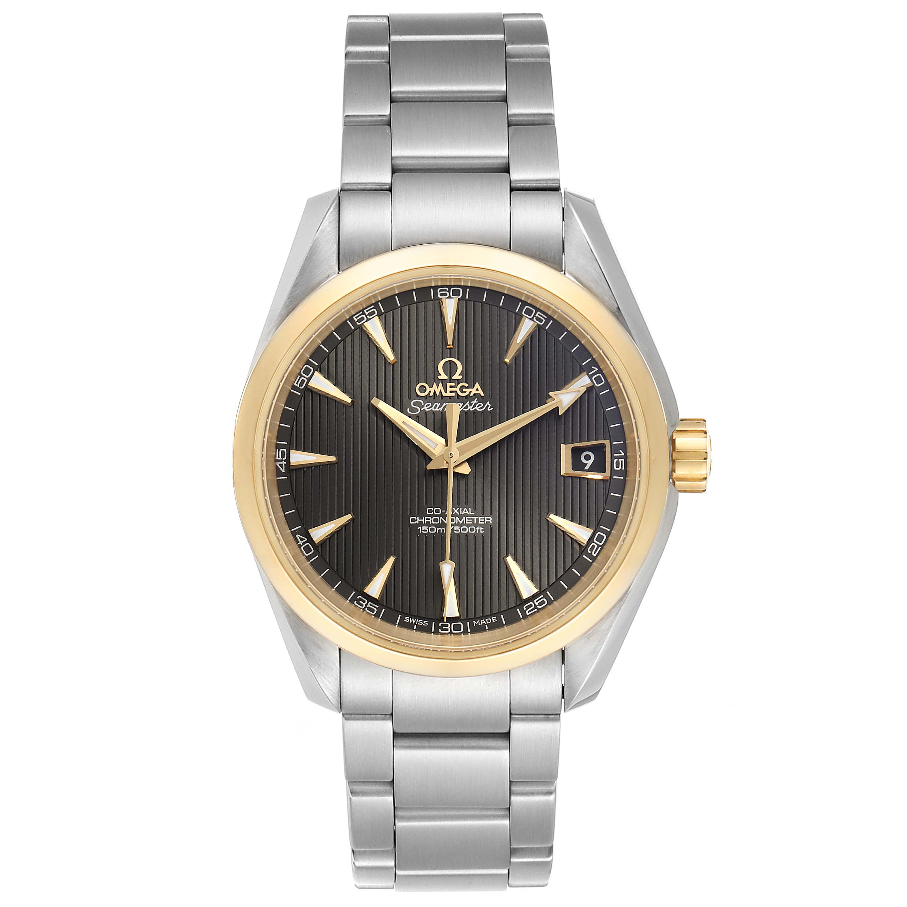 The image shows a front view of the Omega Aqua Terra 231.20.39.21.06.004 Men
s Steel and Gold (two tone) Grey Dial 231.20.39.21.06.004 Men
s Steel and Gold (two tone) Grey Dial watch, highlighting the face, bezel, hands, markers, date, and bracelet.