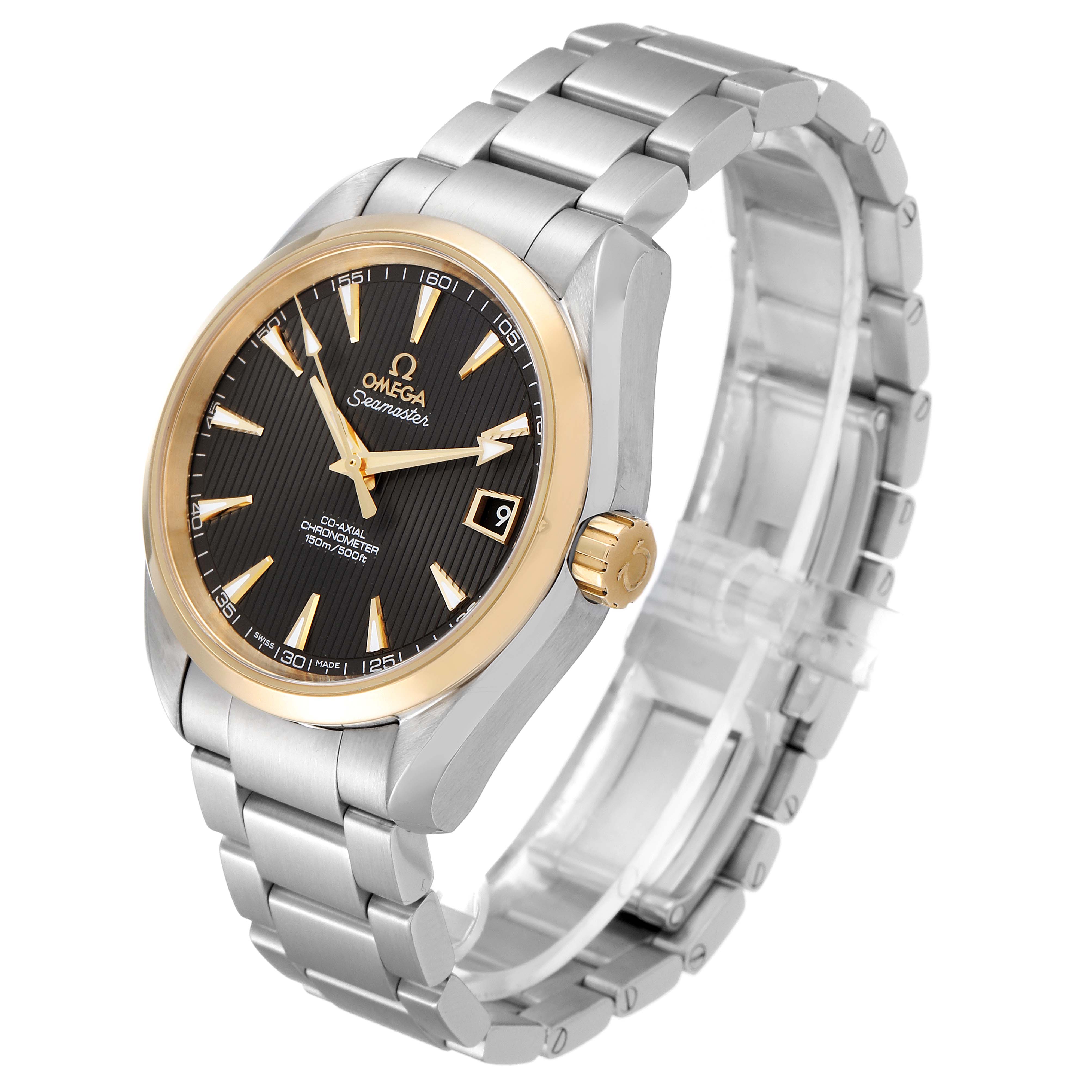 The Omega Aqua Terra 231.20.39.21.06.004 Men
s Steel and Gold (two tone) Grey Dial 231.20.39.21.06.004 Men
s Steel and Gold (two tone) Grey Dial watch is shown at a three-quarter angle, displaying the face, bezel, crown, and stainless steel bracelet.