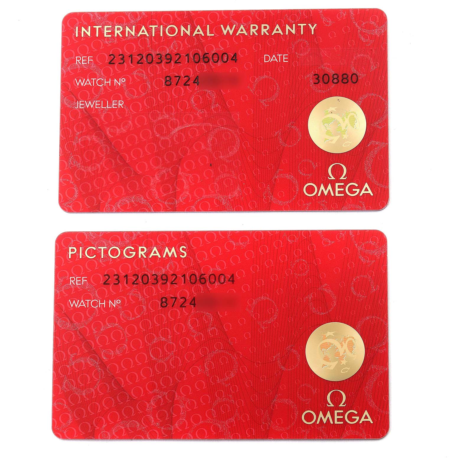 The image shows the International Warranty and Pictograms cards for the Omega Aqua Terra 231.20.39.21.06.004 Men
s Steel and Gold (two tone) Grey Dial 231.20.39.21.06.004 Men
s Steel and Gold (two tone) Grey Dial model.