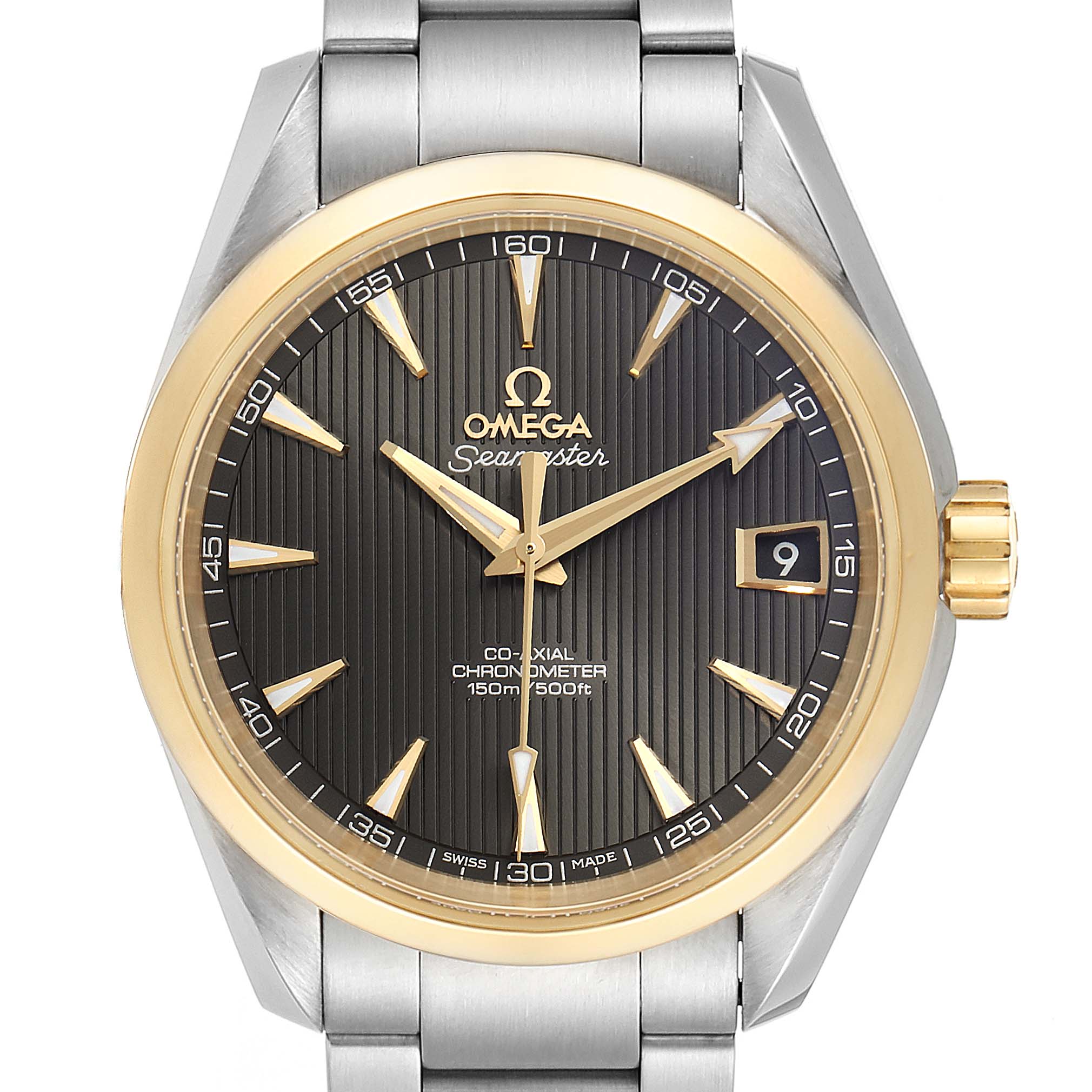 The Omega Aqua Terra 231.20.39.21.06.004 Men
s Steel and Gold (two tone) Grey Dial 231.20.39.21.06.004 Men
s Steel and Gold (two tone) Grey Dial watch is shown from the front, highlighting its dial, hands, date window, and part of the bracelet.