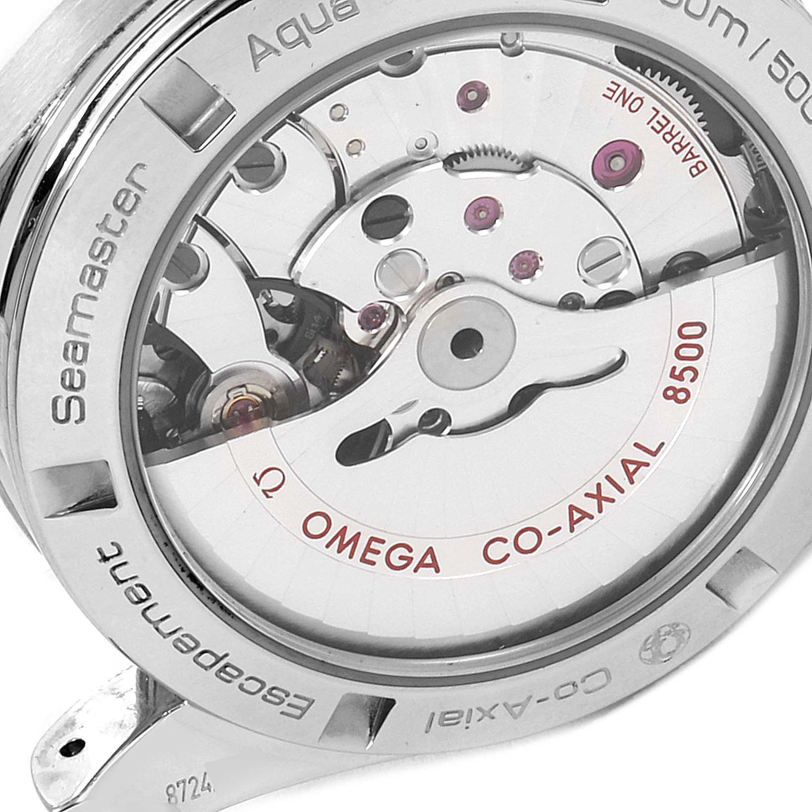 The image shows the back view of the Omega Aqua Terra 231.20.39.21.06.004 Men
s Steel and Gold (two tone) Grey Dial 231.20.39.21.06.004 Men
s Steel and Gold (two tone) Grey Dial watch, highlighting the inner mechanical movements and engravings on the case.