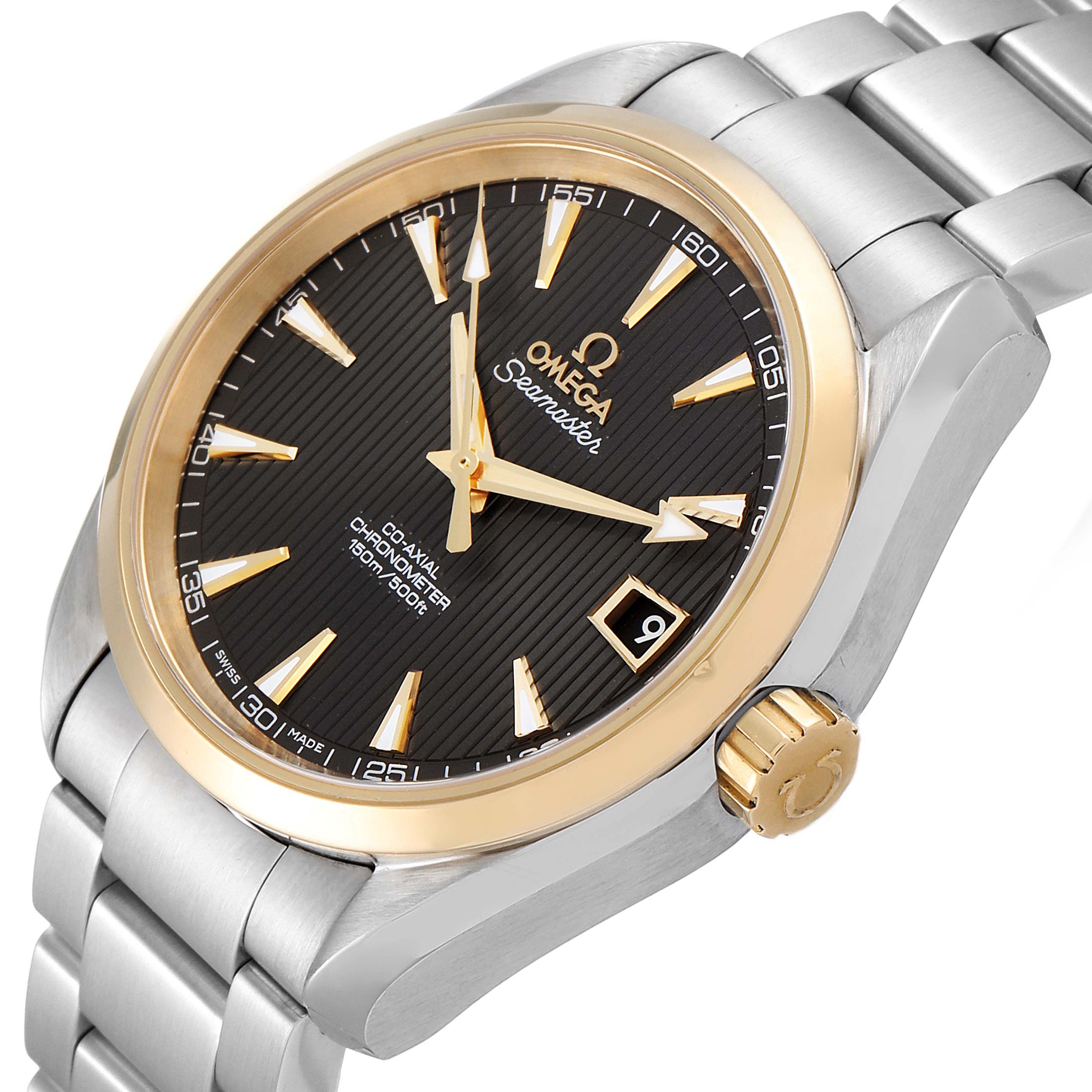 The image shows an Omega Aqua Terra 231.20.39.21.06.004 Men
s Steel and Gold (two tone) Grey Dial 231.20.39.21.06.004 Men
s Steel and Gold (two tone) Grey Dial watch from an angled side view, highlighting the black dial, gold bezel, and bracelet.