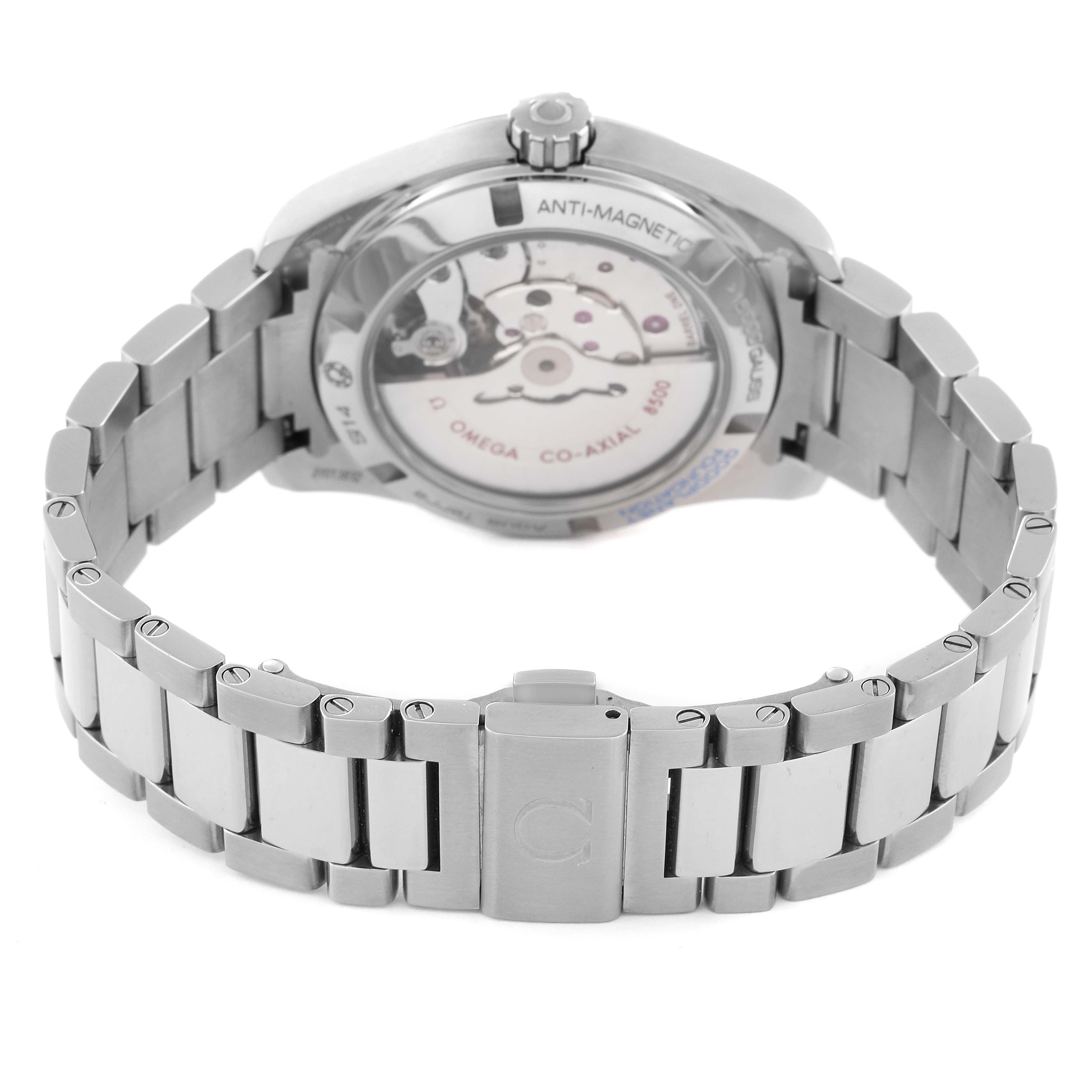 The image shows the back view of the Omega Aqua Terra 231.90.39.21.04.001 Men's Titanium White Dial 231.90.39.21.04.001 Men's Titanium White Dial watch, highlighting its stainless steel bracelet and clear case back.