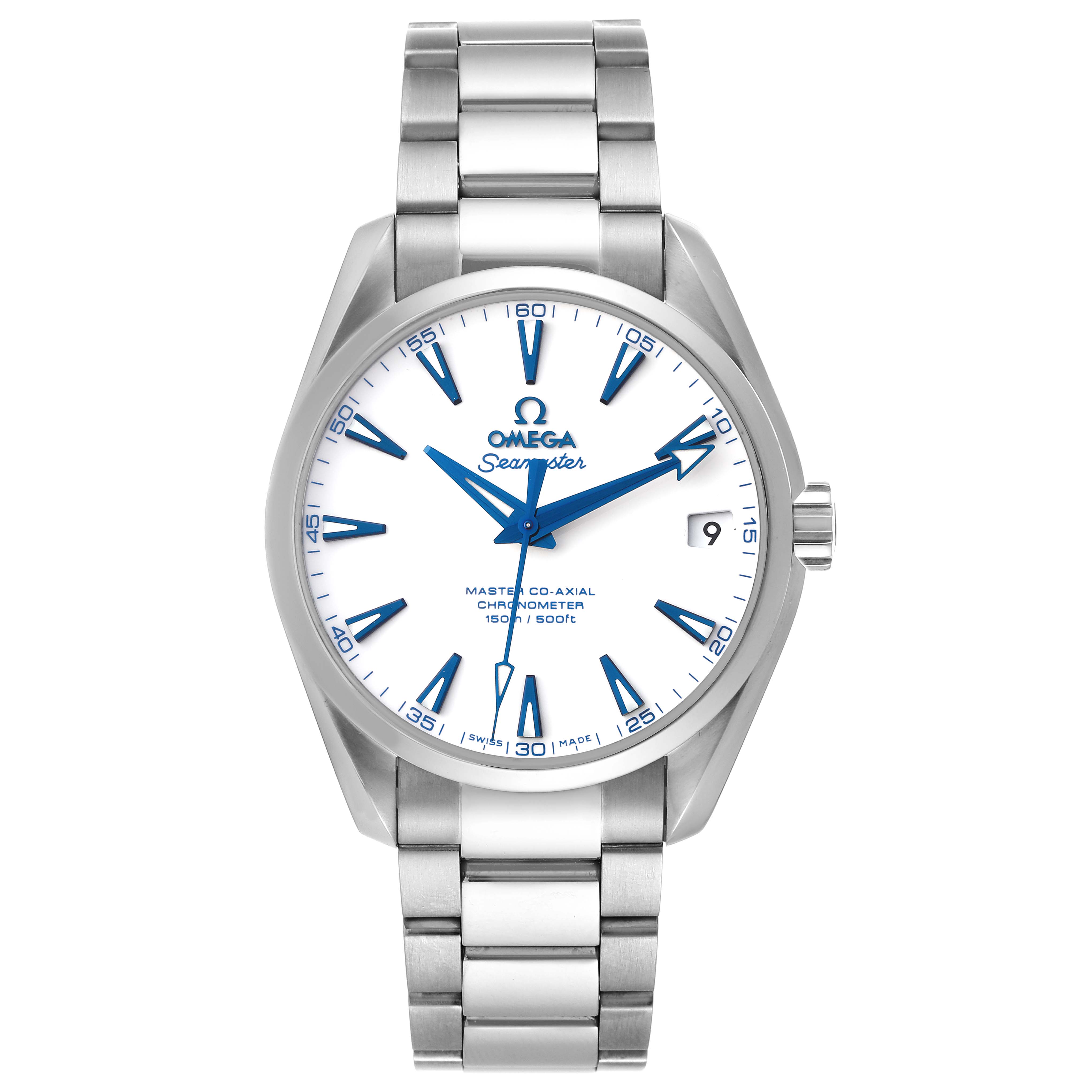 The Omega Aqua Terra 231.90.39.21.04.001 Men's Titanium White Dial 231.90.39.21.04.001 Men's Titanium White Dial watch is shown from the front, displaying the dial, hands, date window, and stainless steel bracelet.