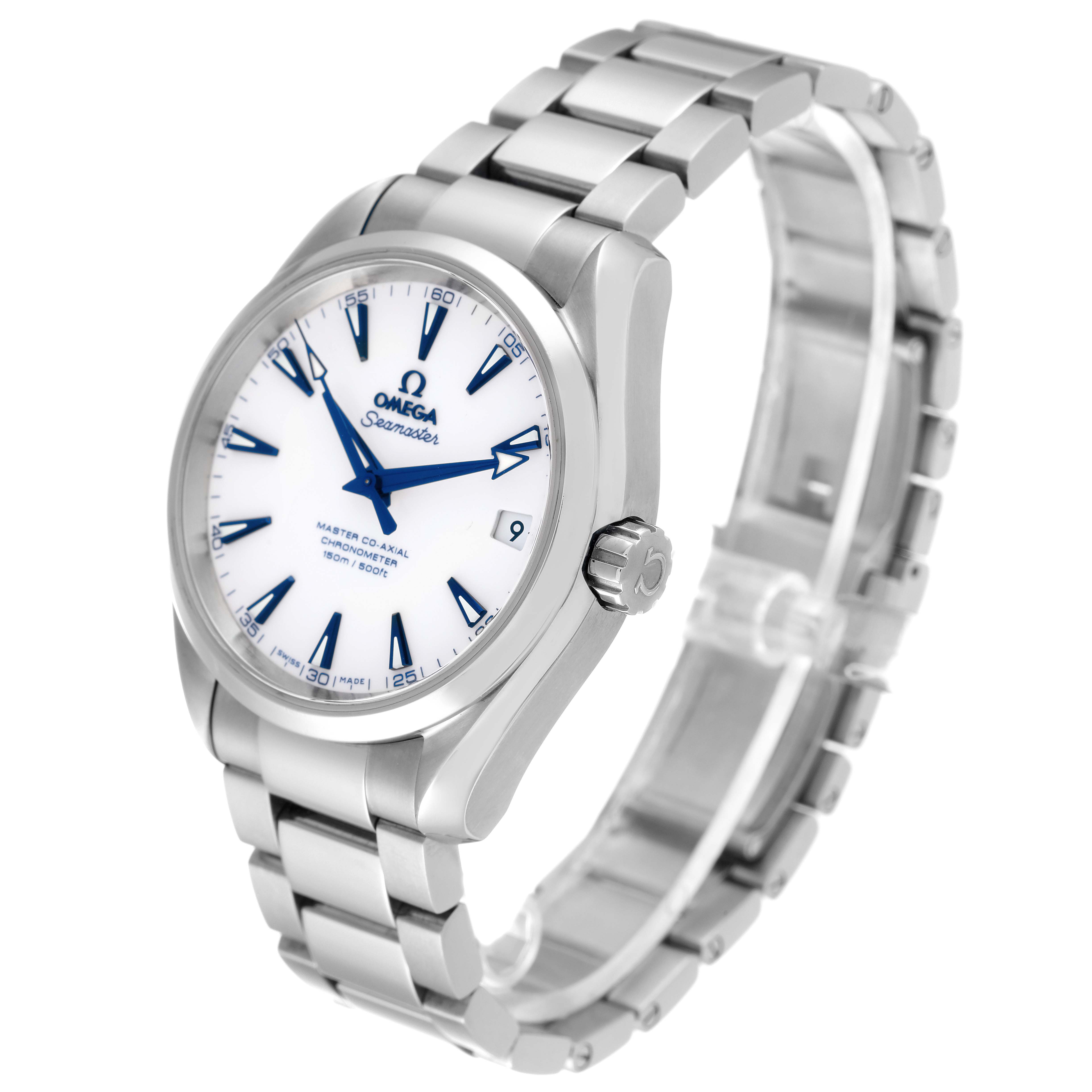 The image shows an Omega Aqua Terra 231.90.39.21.04.001 Men's Titanium White Dial 231.90.39.21.04.001 Men's Titanium White Dial watch at an oblique angle, highlighting its face, crown, and stainless steel bracelet.