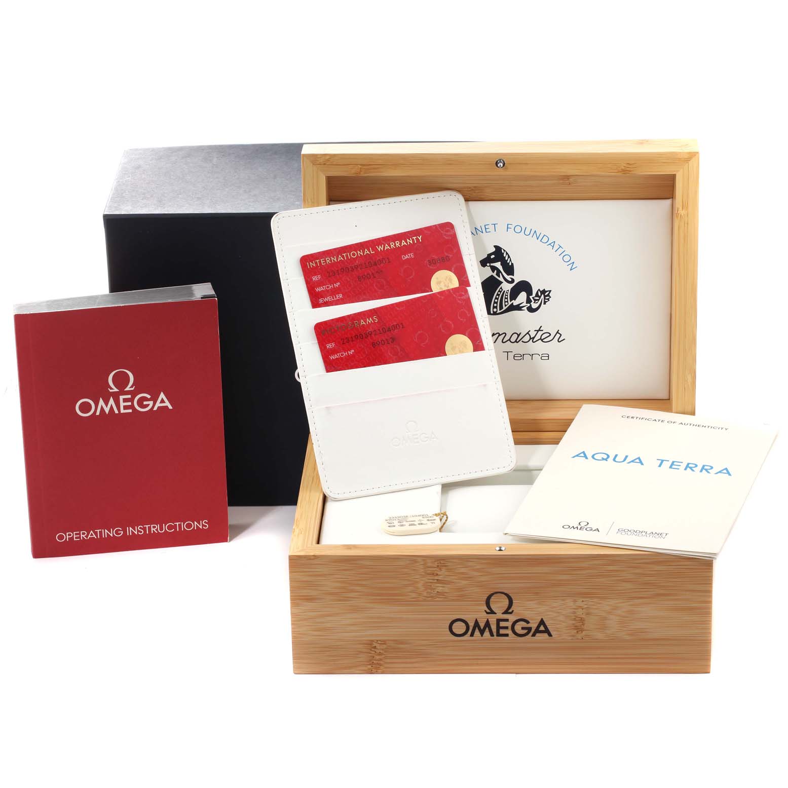 The Omega Aqua Terra 231.90.39.21.04.001 Men's Titanium White Dial 231.90.39.21.04.001 Men's Titanium White Dial watch accessories include a wooden box, warranty card holder, manuals, and tags shown from a frontal angle.