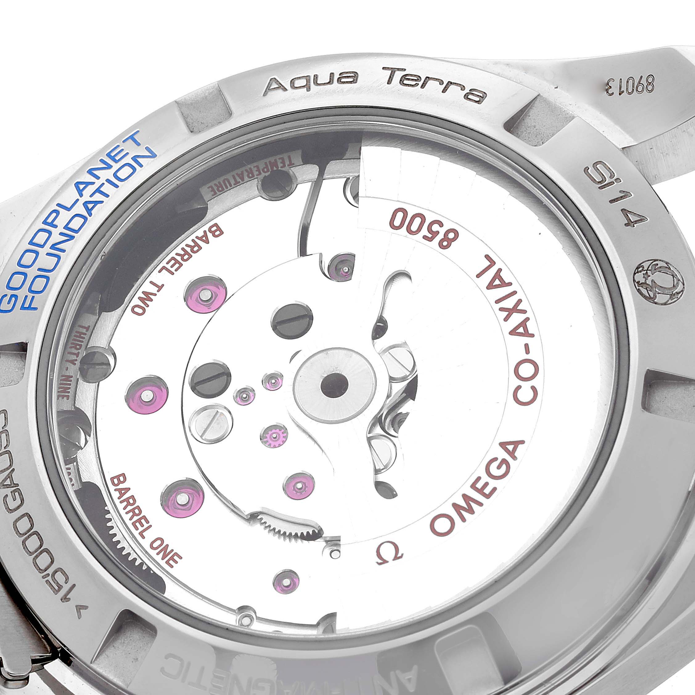 The image shows the back of the Omega Aqua Terra 231.90.39.21.04.001 Men's Titanium White Dial 231.90.39.21.04.001 Men's Titanium White Dial watch, highlighting its movement and case back engravings.