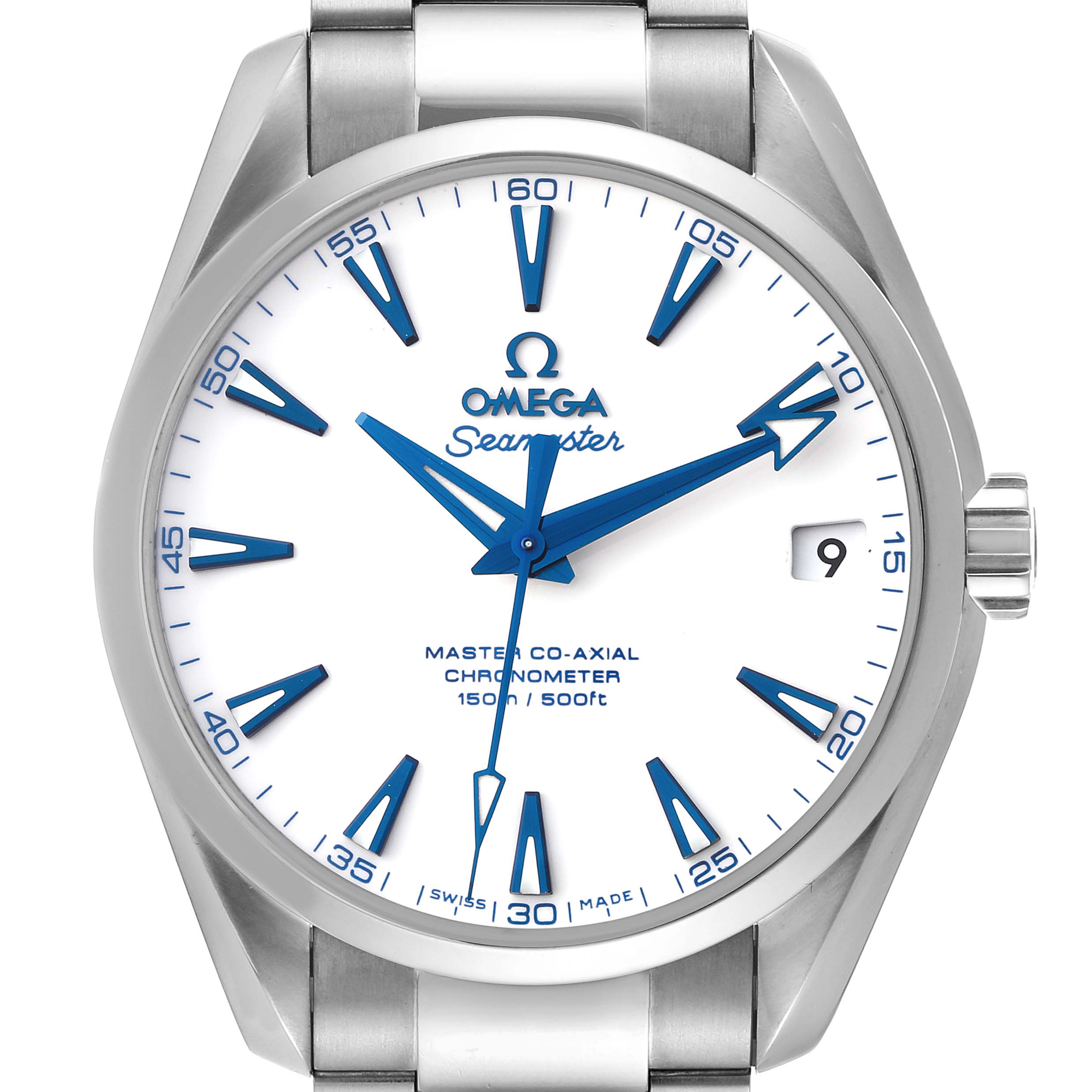 The image shows a front view of the Omega Aqua Terra 231.90.39.21.04.001 Men's Titanium White Dial 231.90.39.21.04.001 Men's Titanium White Dial model, displaying the dial, hands, hour markers, and part of the metal bracelet.