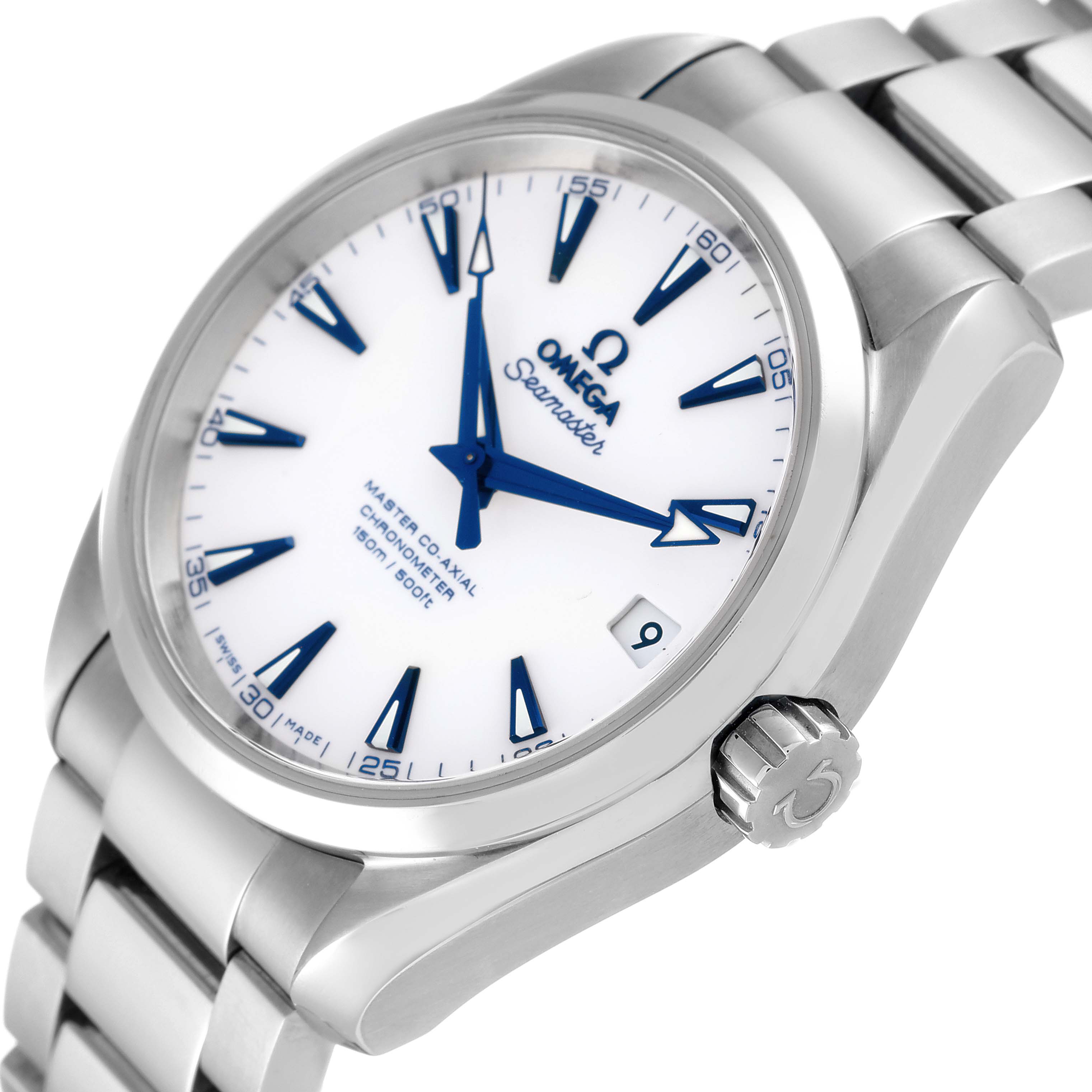 The image shows a close-up angled view of the Omega Aqua Terra 231.90.39.21.04.001 Men's Titanium White Dial 231.90.39.21.04.001 Men's Titanium White Dial watch, featuring the dial, bezel, crown, and part of the bracelet.