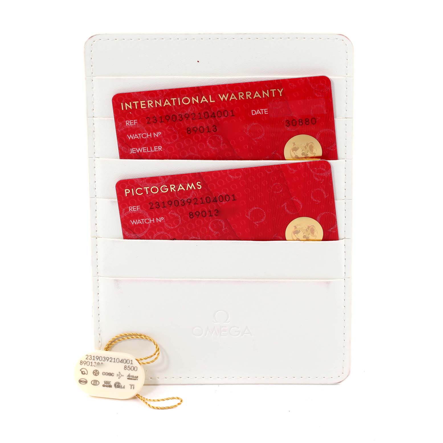 The image shows authenticity and warranty cards for the Omega Aqua Terra 231.90.39.21.04.001 Men's Titanium White Dial 231.90.39.21.04.001 Men's Titanium White Dial watch, along with a tag, all placed in a white cardholder.