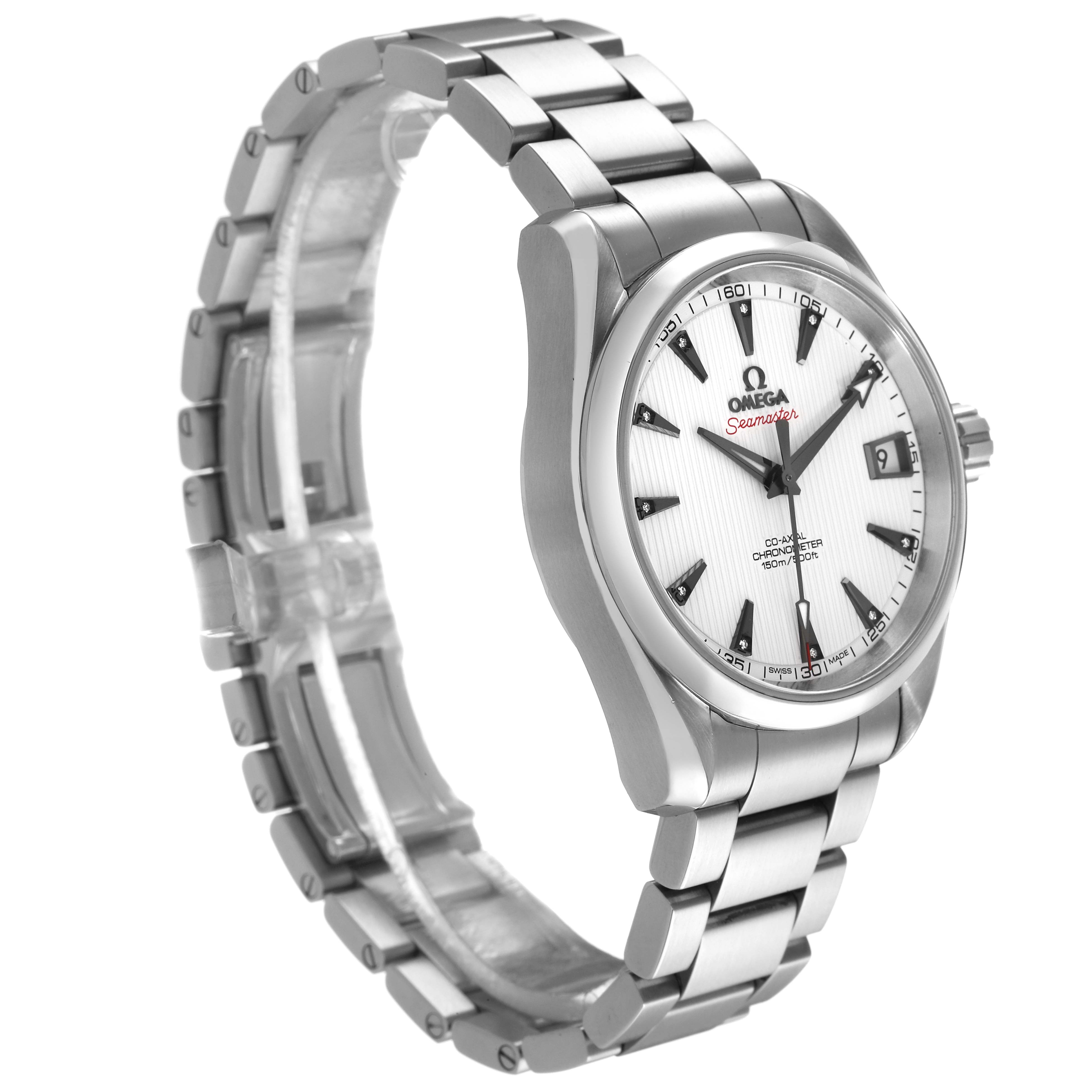 The Omega Aqua Terra 231.10.39.21.54.001 Men's Stainless Steel White Dial watch is shown at a three-quarter angle, displaying its face, bezel, and metal bracelet.