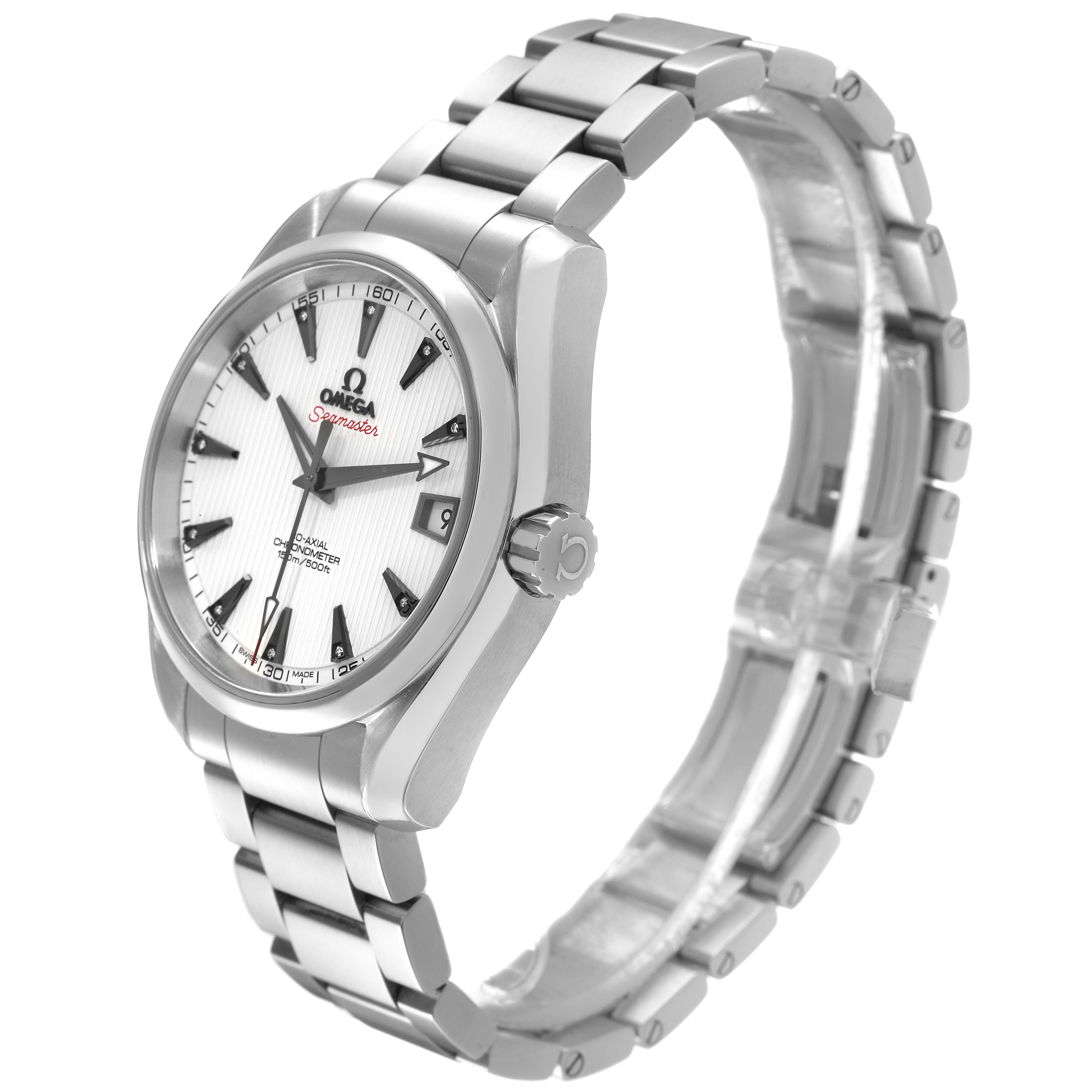 The Omega Aqua Terra 231.10.39.21.54.001 Men's Stainless Steel White Dial watch is shown in a side angle, highlighting the face, bracelet, and crown.