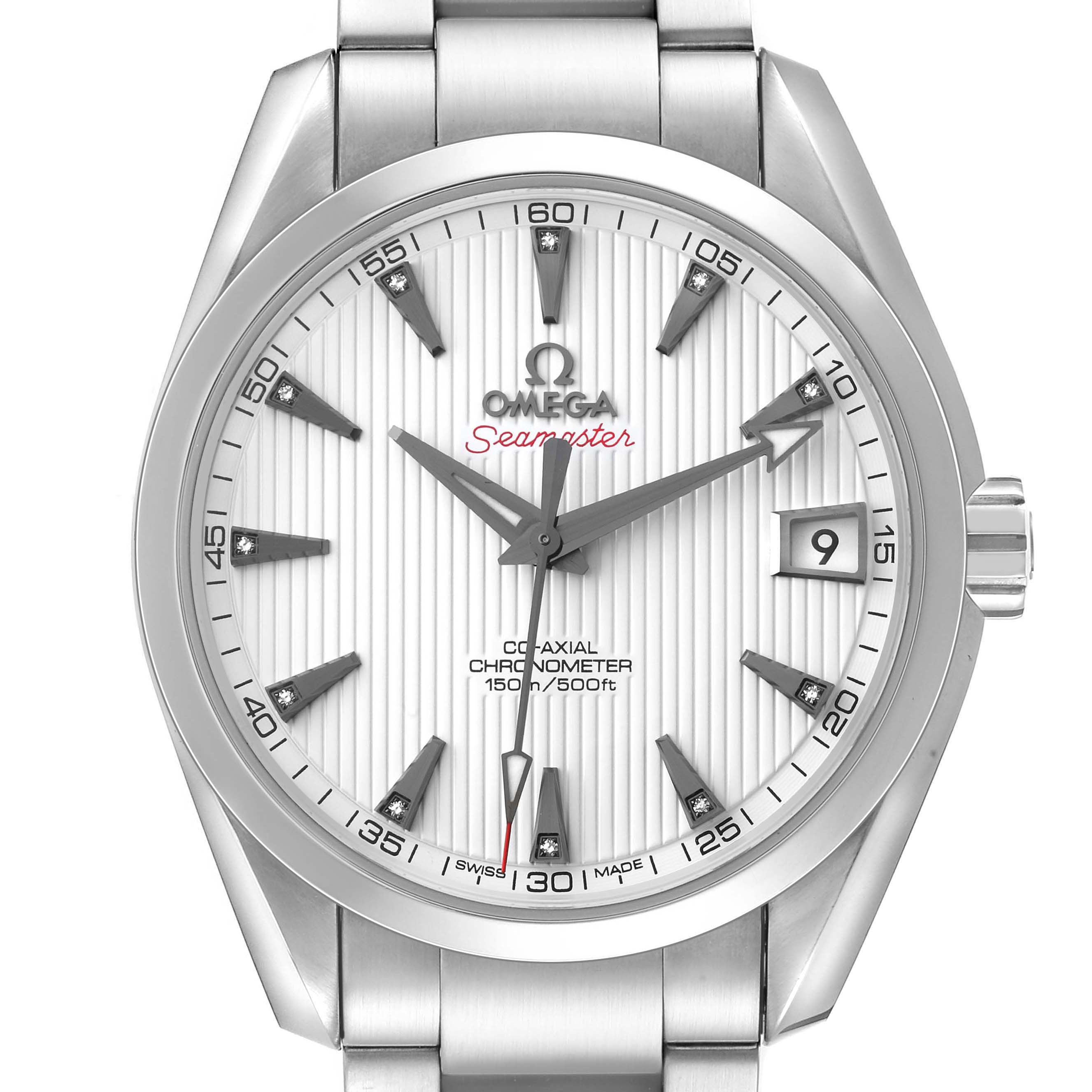 The Omega Aqua Terra 231.10.39.21.54.001 Men's Stainless Steel White Dial watch is shown from the front, displaying the face with hour markers, date window, and hands.