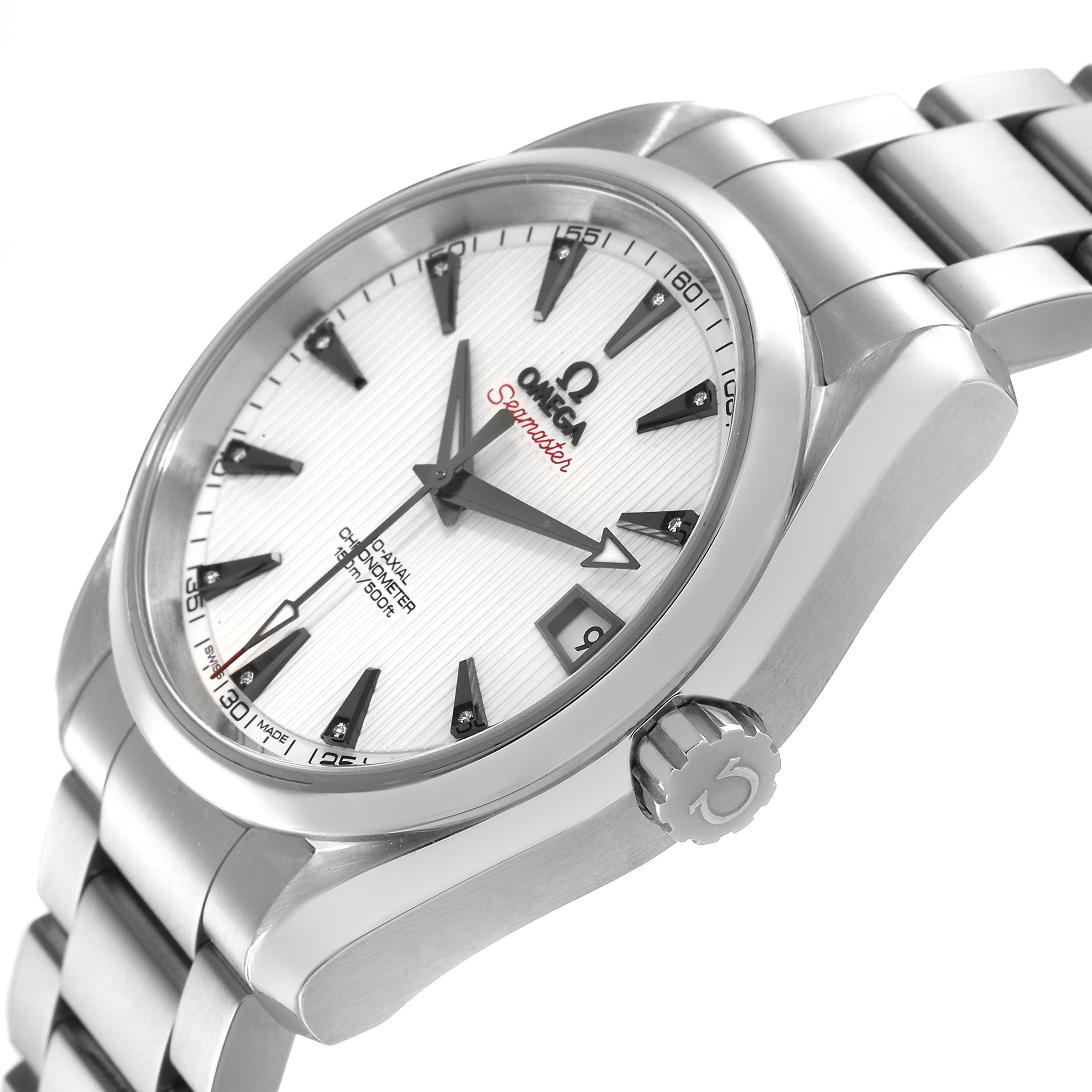 The Omega Aqua Terra 231.10.39.21.54.001 Men's Stainless Steel White Dial watch is shown at a side angle highlighting the dial, crown, and bracelet.