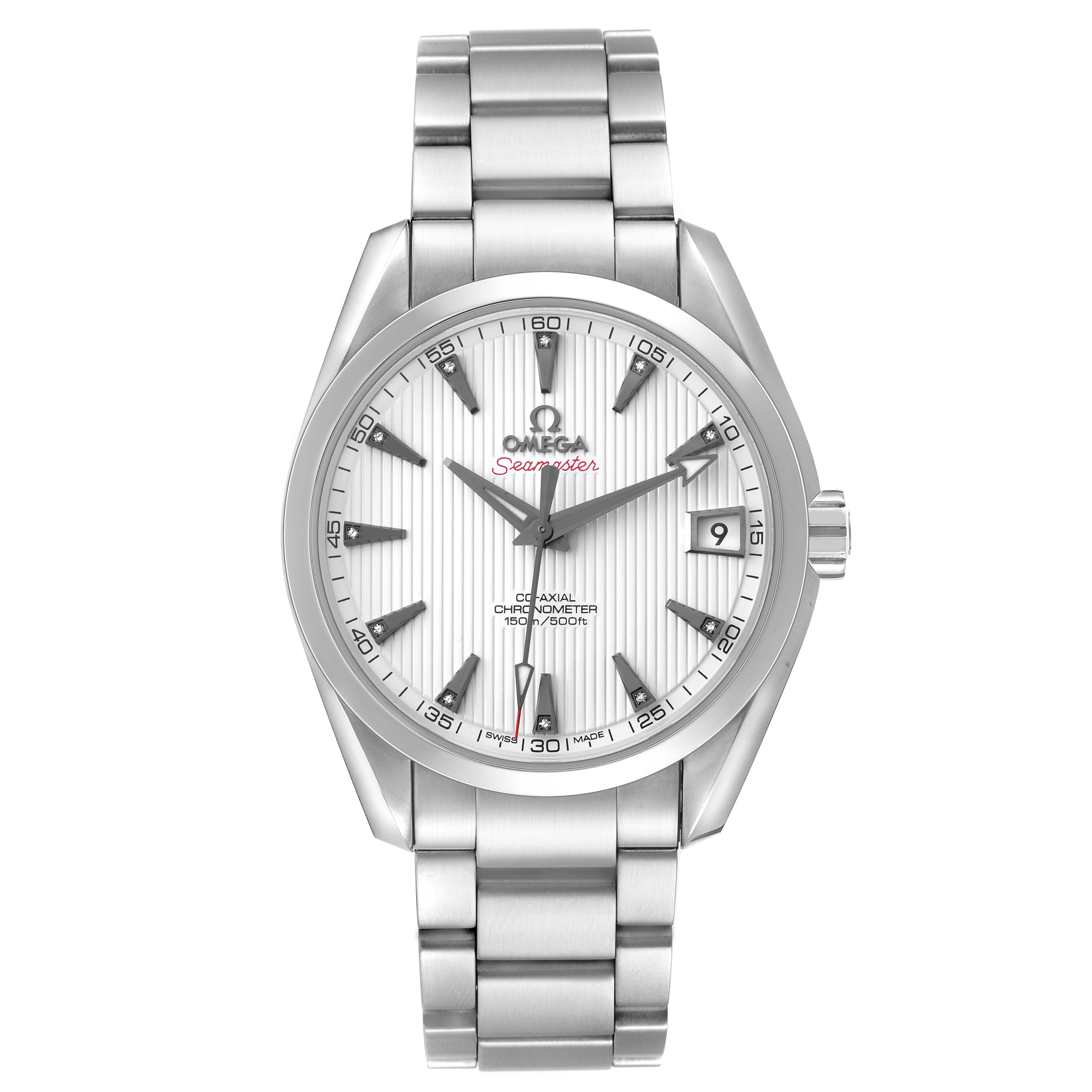 The Omega Aqua Terra 231.10.39.21.54.001 Men's Stainless Steel White Dial watch is shown from a frontal angle, displaying its dial, bezel, crown, and bracelet.
