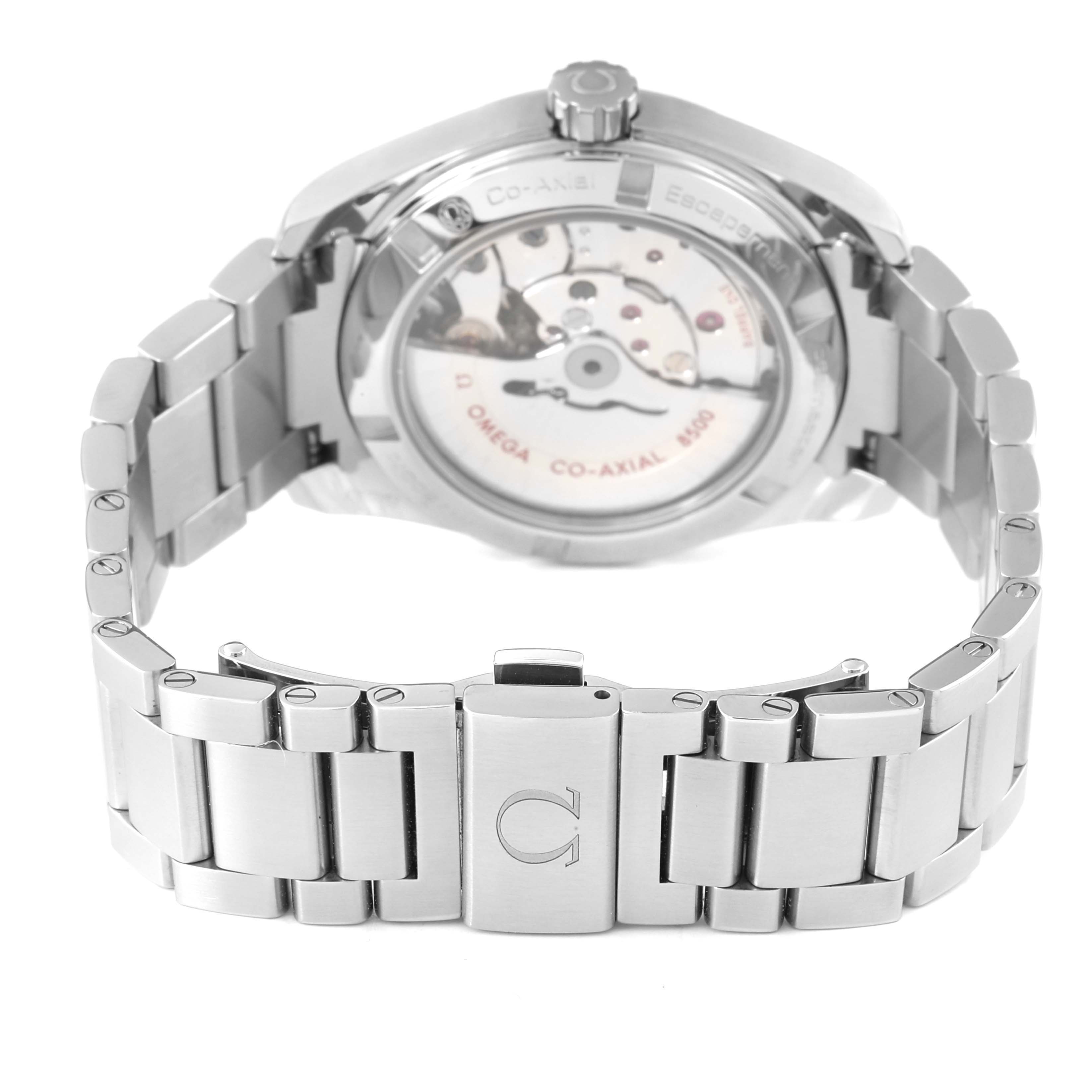 The image shows the Omega Aqua Terra 231.10.39.21.54.001 Men's Stainless Steel White Dial watch from the back, highlighting the movement and stainless steel bracelet.