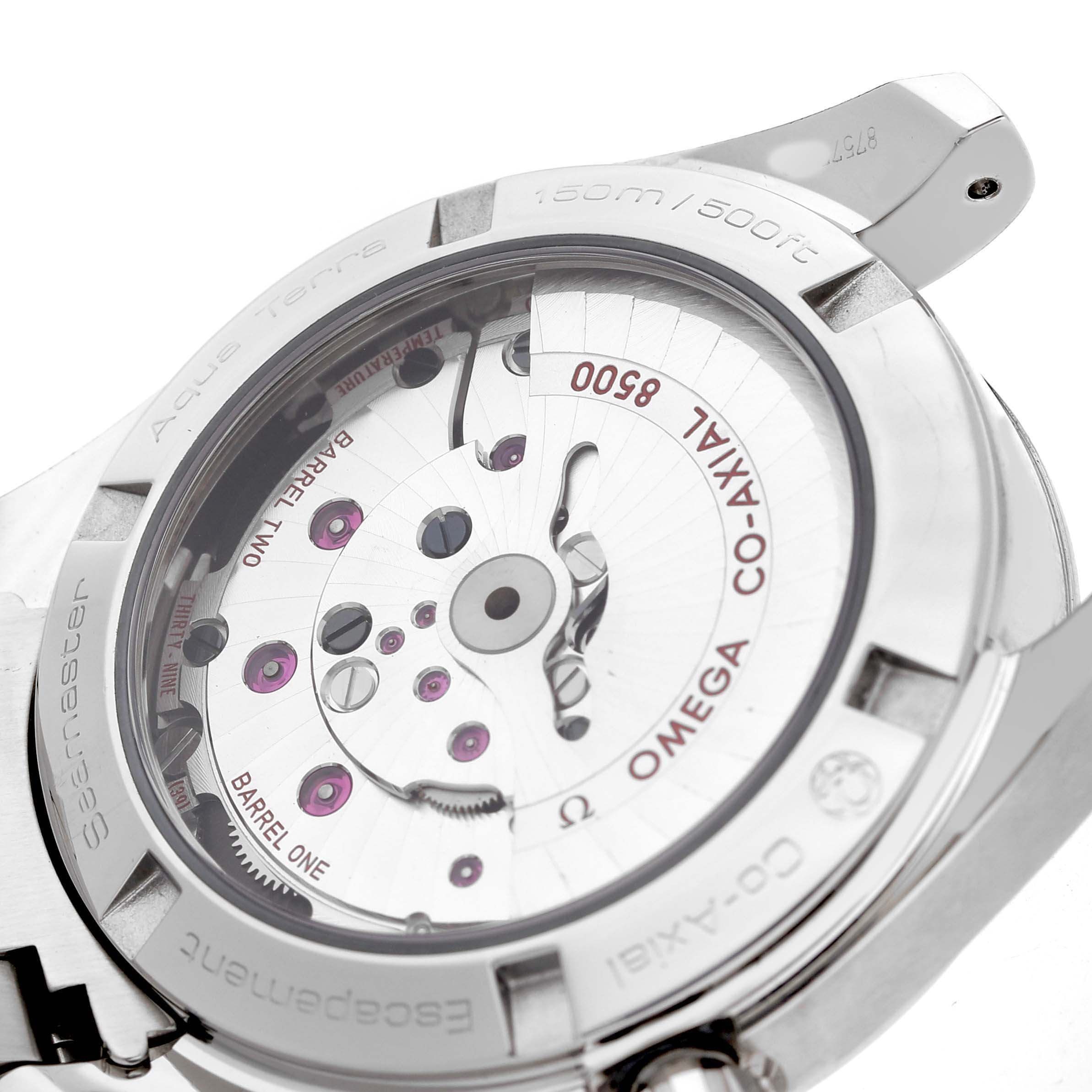 The Omega Aqua Terra 231.10.39.21.54.001 Men's Stainless Steel White Dial watch is shown from the back, highlighting the movement and case details.