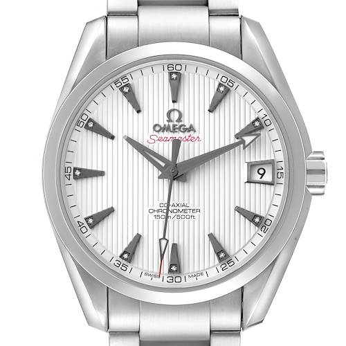 The Omega Aqua Terra 231.10.39.21.54.001 Men's Stainless Steel White Dial watch is shown from a front angle, displaying the dial, hands, and date window.