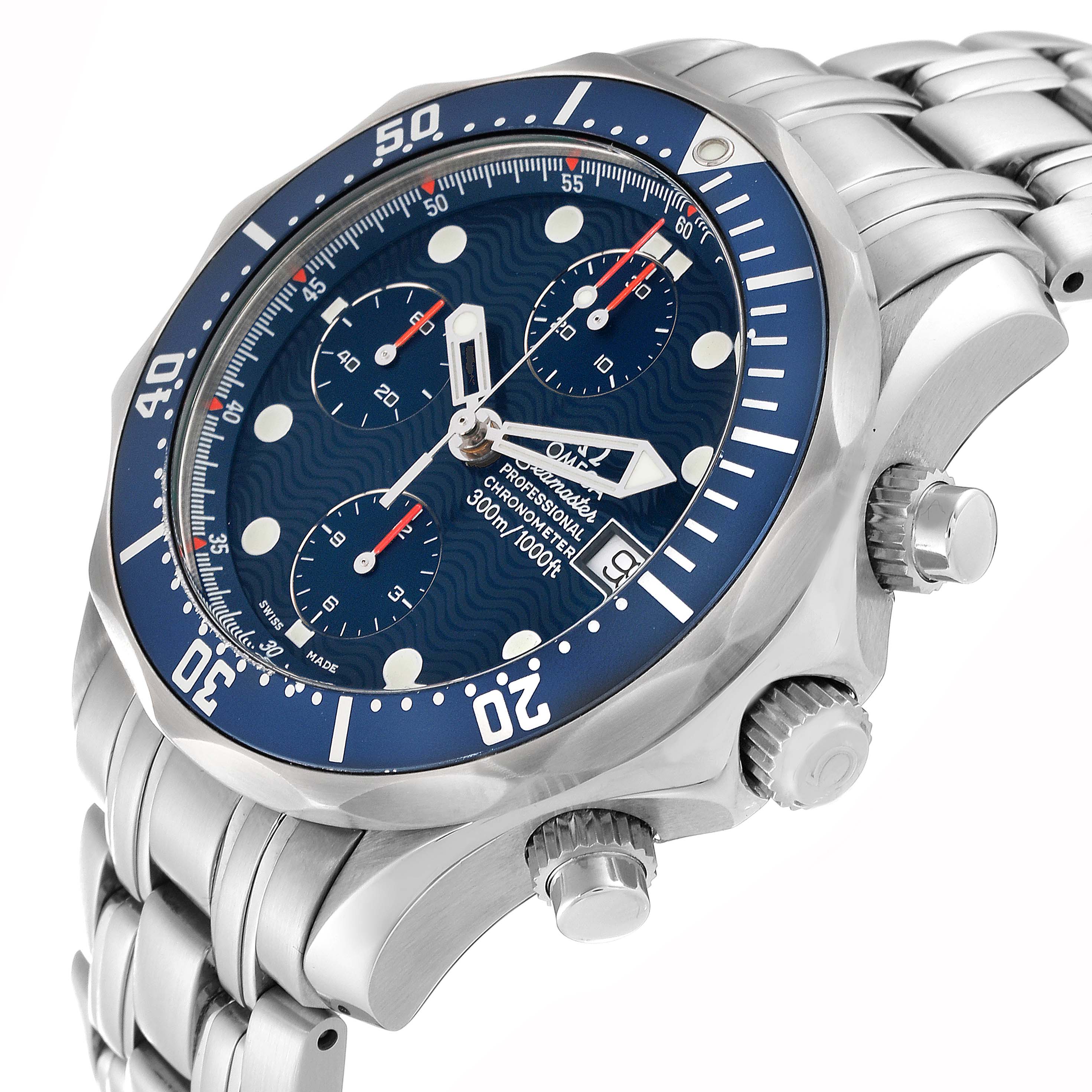 The Omega Seamaster 2599.80.00 Men's Stainless Steel Blue Dial 2599.80.00 Men's Stainless Steel Blue Dial watch is shown at an angle, highlighting its blue dial, bezel, crown, pushers, and stainless steel bracelet.